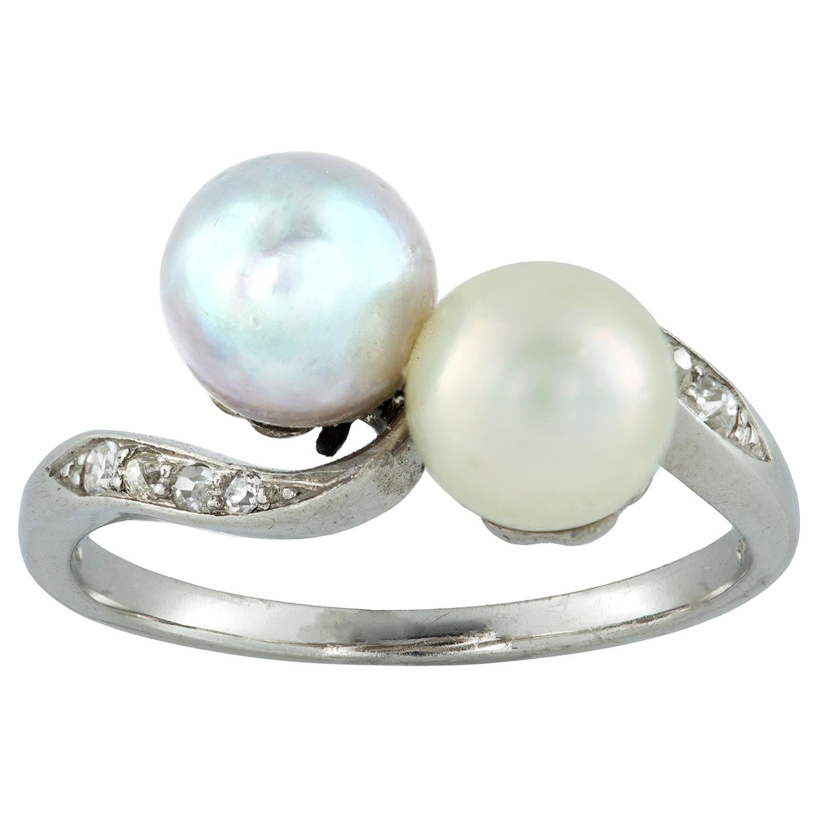 Cultured Pearl and Diamond Crossover Ring
