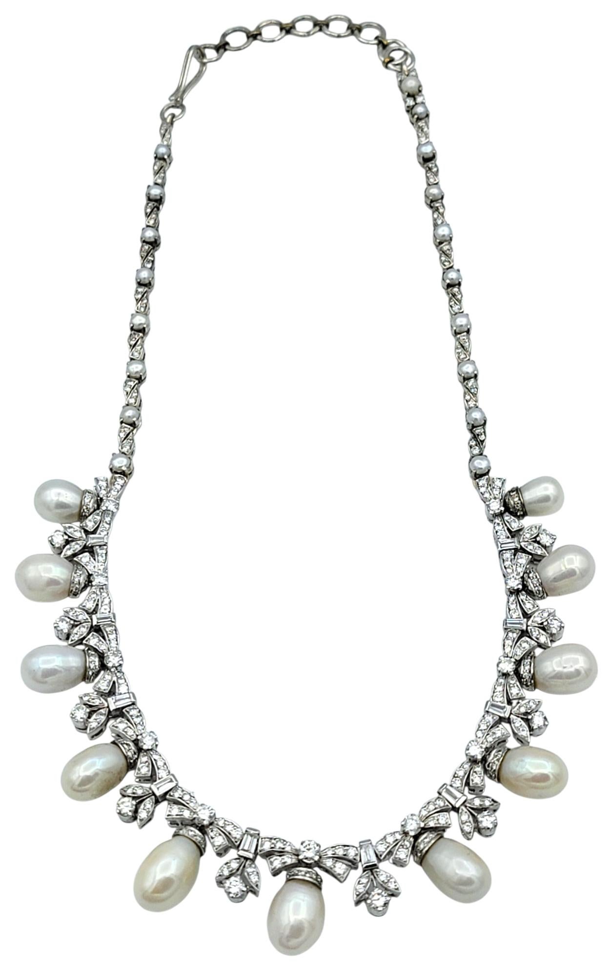 Contemporary Cultured Pearl and Diamond Dangle Ornate Choker Style Necklace in 10K White Gold For Sale