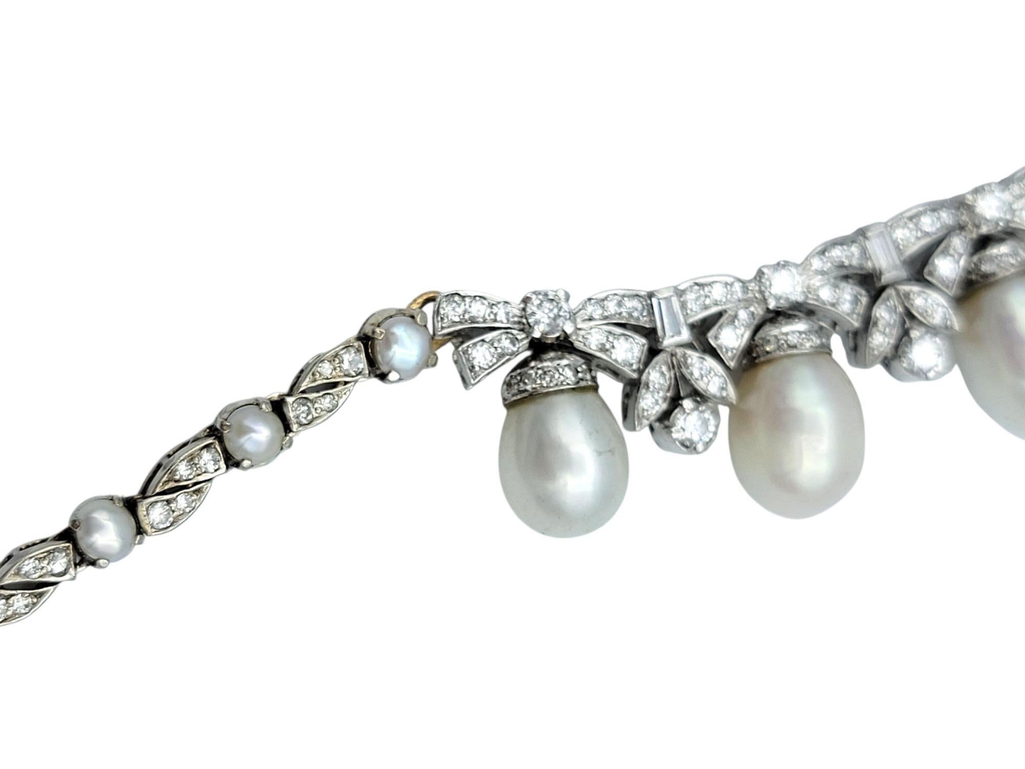 Round Cut Cultured Pearl and Diamond Dangle Ornate Choker Style Necklace in 10K White Gold For Sale