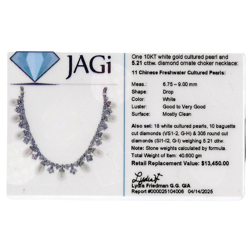 Cultured Pearl and Diamond Dangle Ornate Choker Style Necklace in 10K White Gold For Sale 2