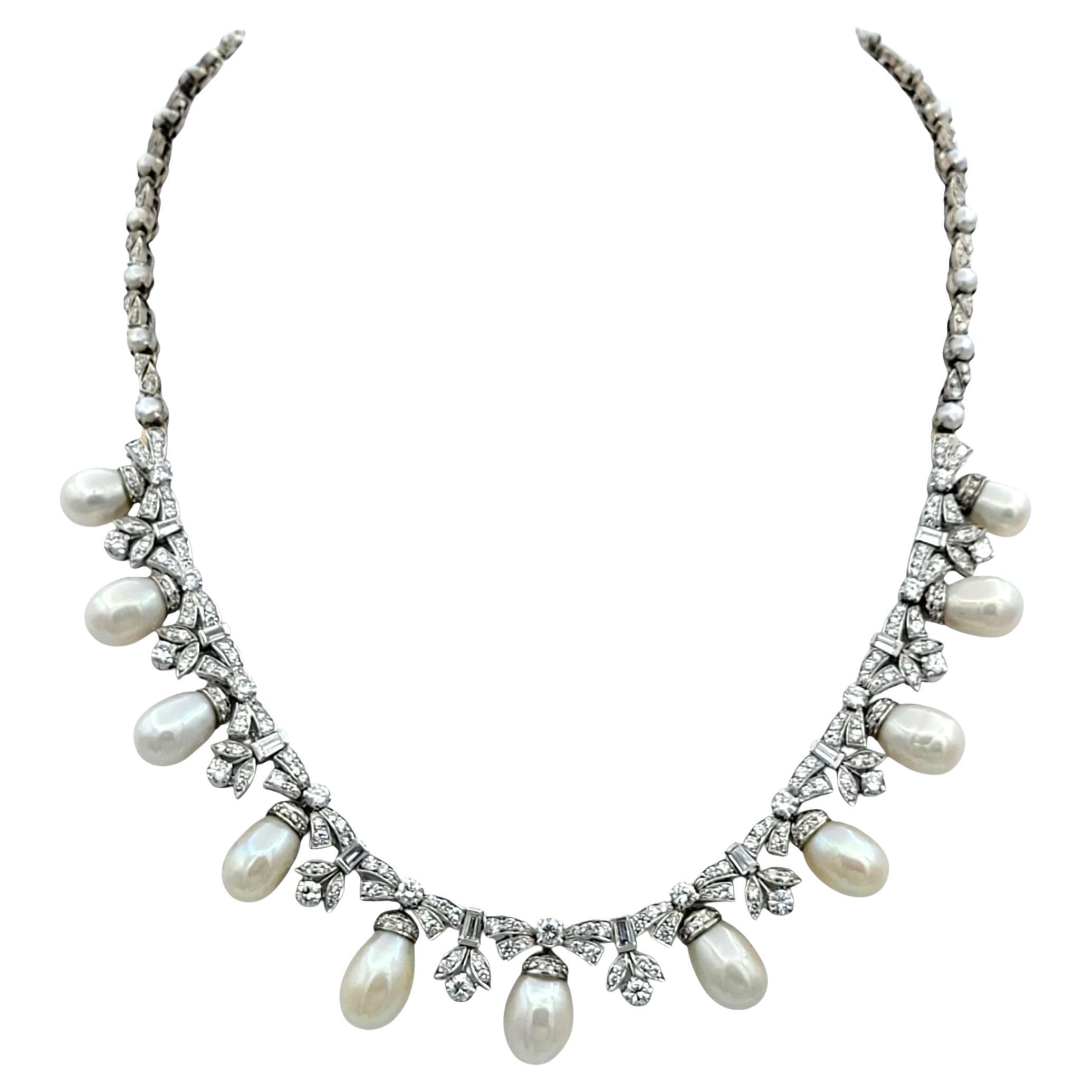Cultured Pearl and Diamond Dangle Ornate Choker Style Necklace in 10K White Gold For Sale
