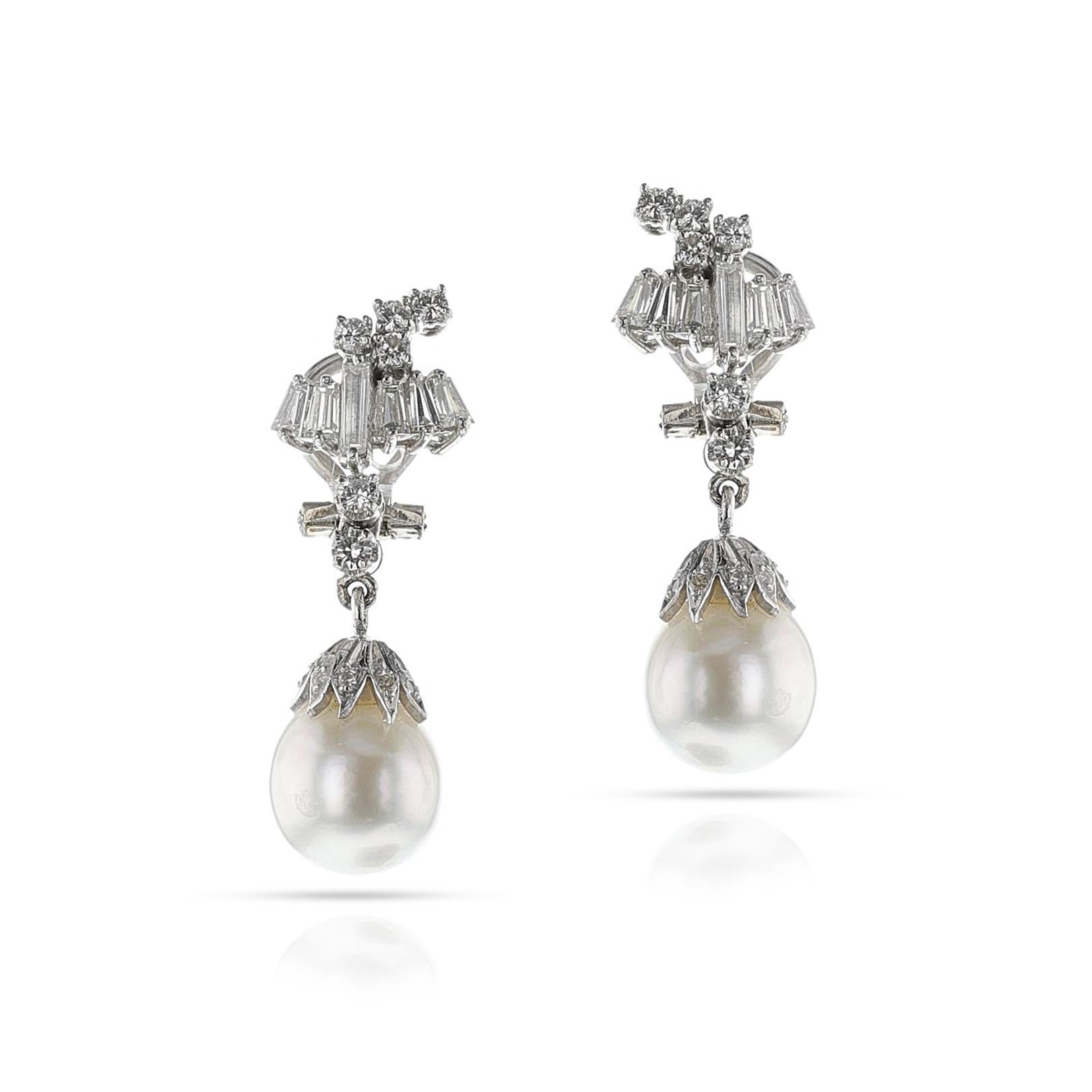 Baguette Cut Cultured Pearl and Diamond Dangling Earrings, 18k