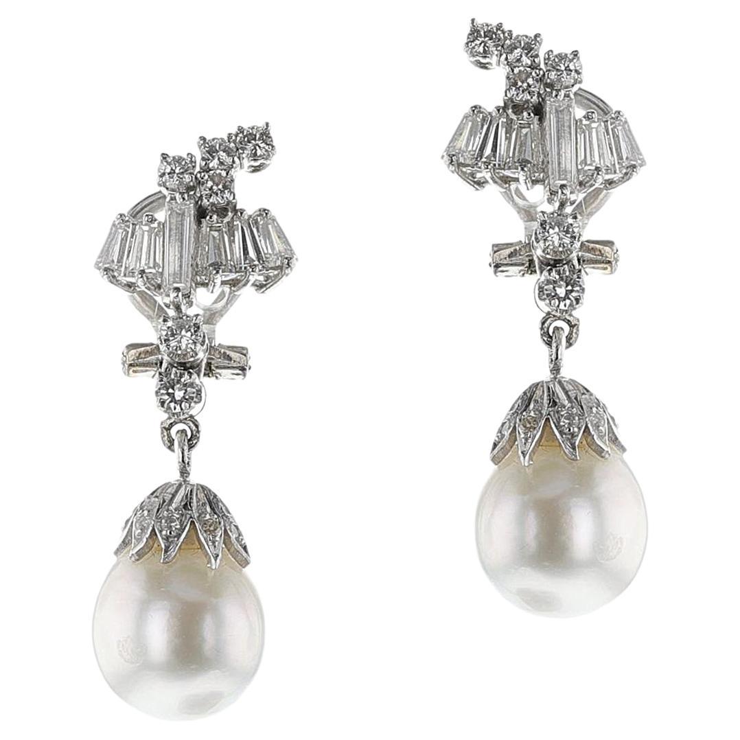 Cultured Pearl and Diamond Dangling Earrings, 18k