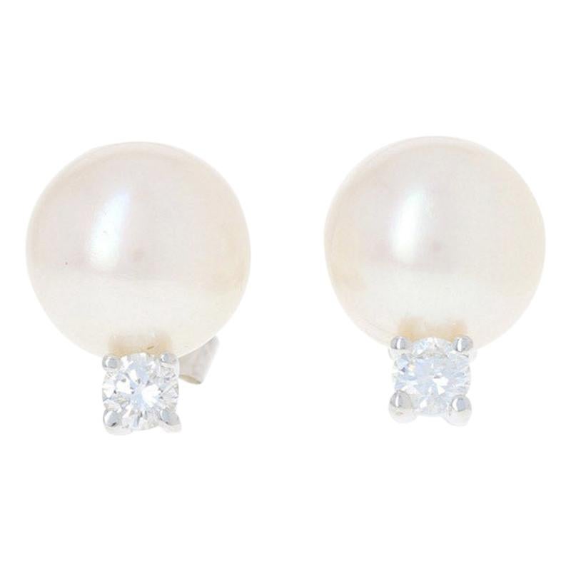 Cultured Pearl and Diamond Earrings, 18 Karat White Gold Pierced Studs