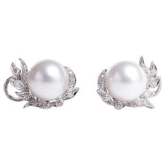 Cultured Pearl and Diamond Earrings Set in 18 Karat White Gold and Diamonds