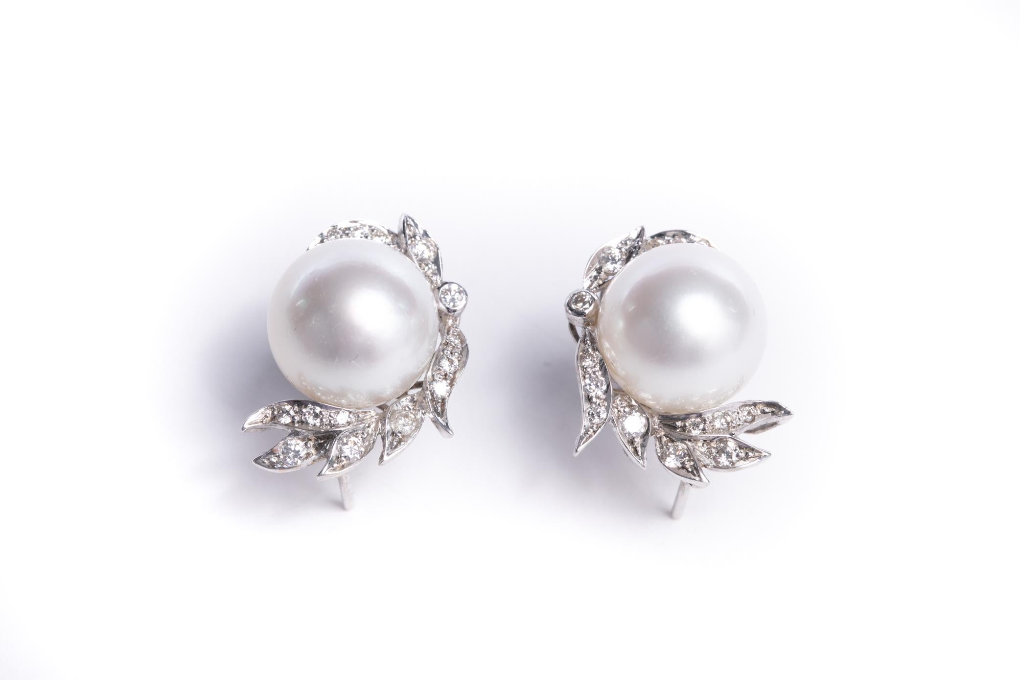 Cultured Pearl and Diamond Earrings Set in 18 Karat White Gold and Diamonds 4