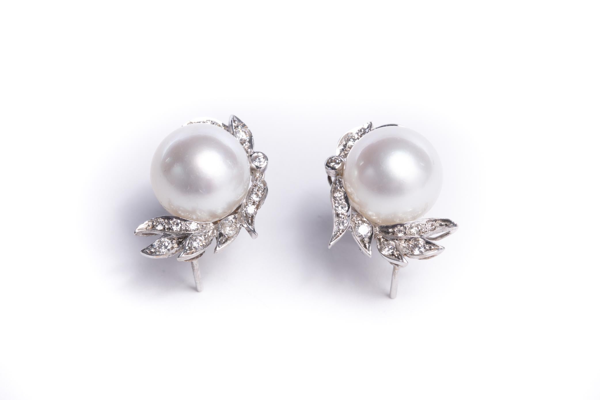 Cultured Pearl and Diamond Earrings Set in 18 Karat White Gold and Diamonds 5