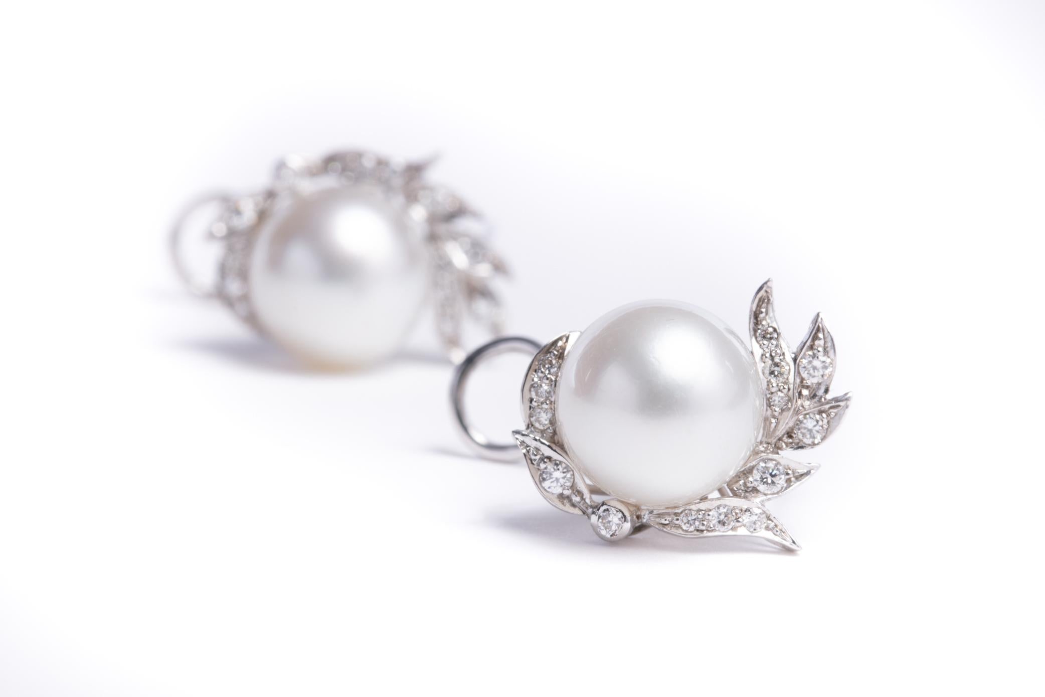 Cultured Pearl and Diamond Earrings Set in 18 Karat White Gold and Diamonds 6