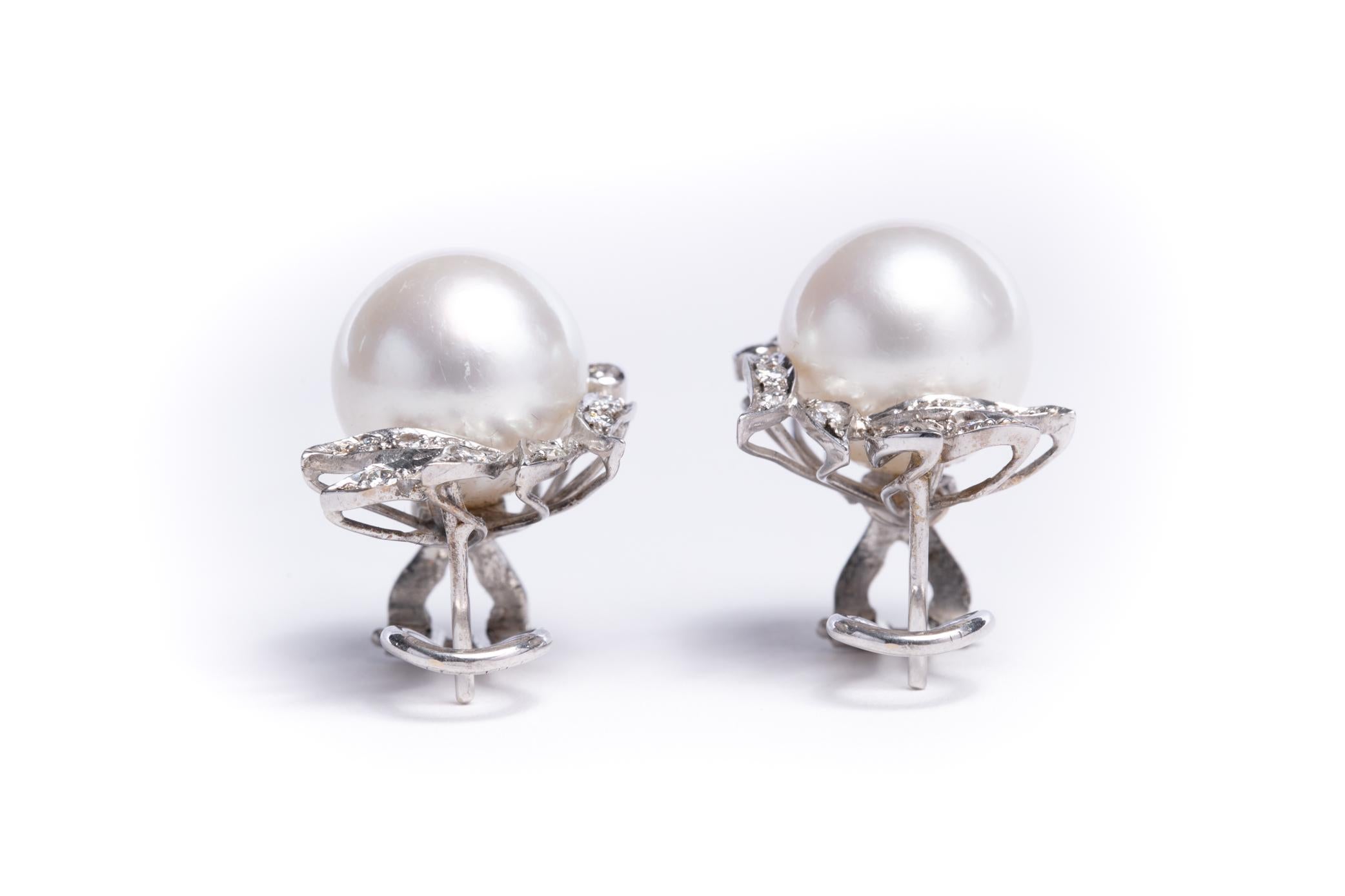 Cultured Pearl and Diamond Earrings Set in 18 Karat White Gold and Diamonds 7