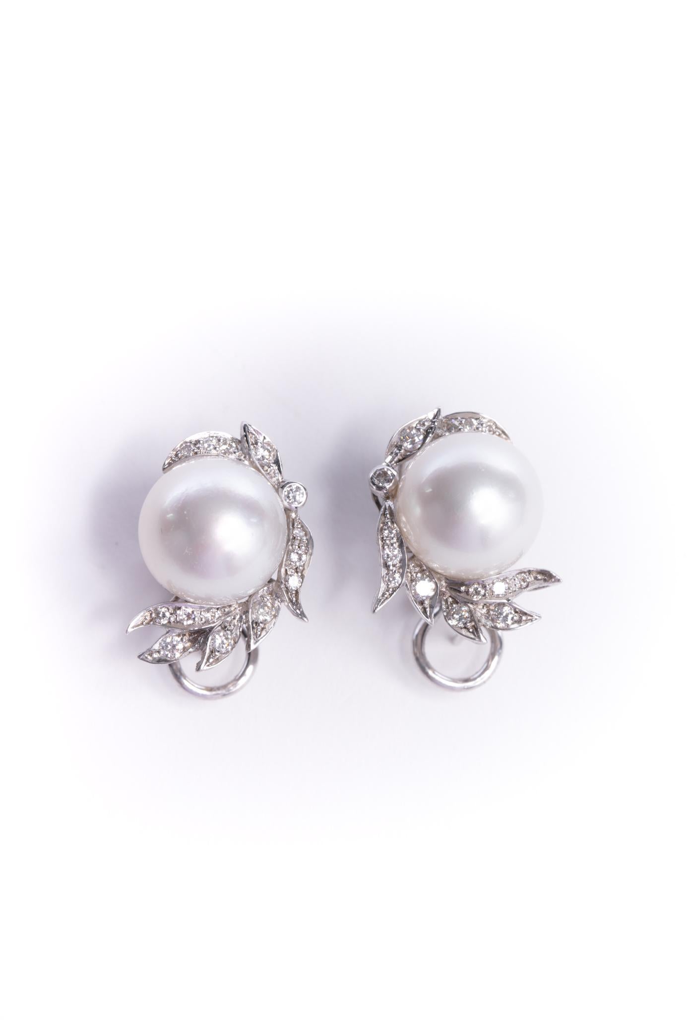 Cultured Pearl and Diamond Earrings Set in 18 Karat White Gold and Diamonds 8