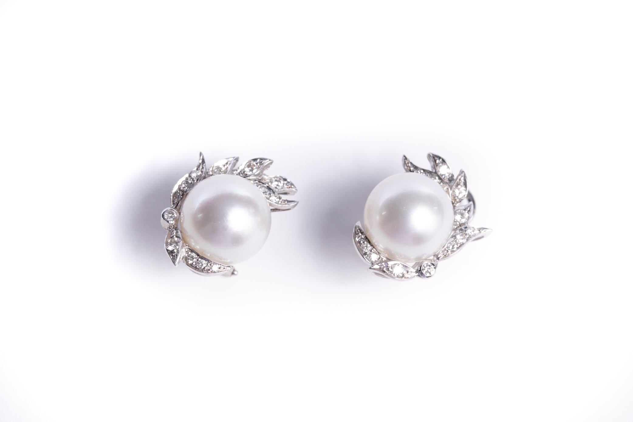 Cultured Pearl and Diamond Earrings Set in 18 Karat White Gold and Diamonds 10