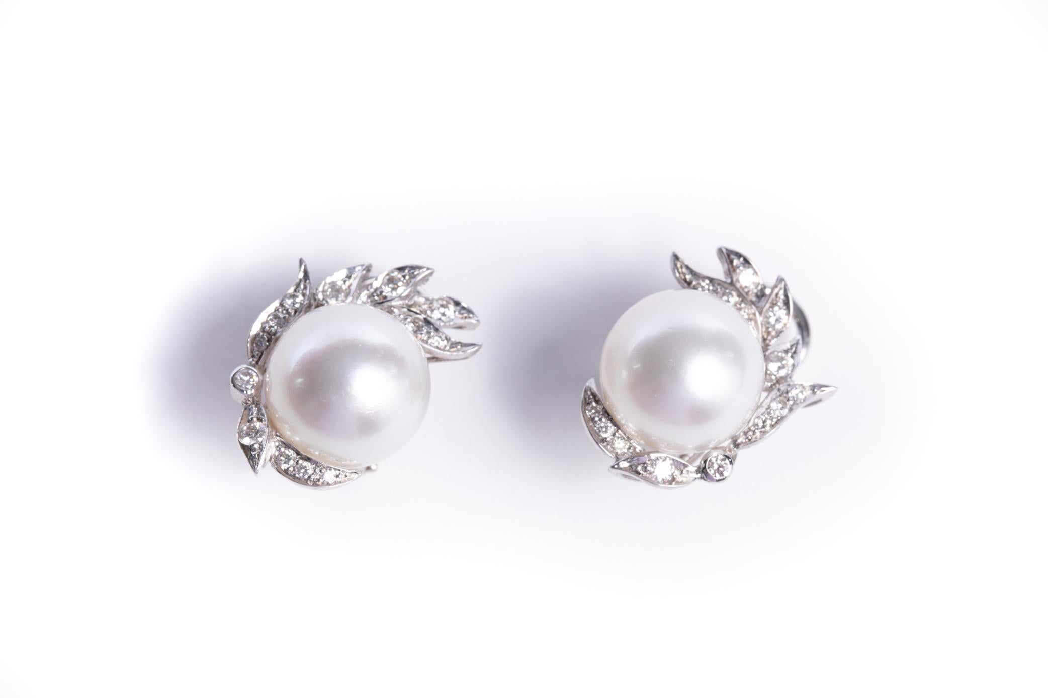 Cultured Pearl and Diamond Earrings Set in 18 Karat White Gold and Diamonds 11