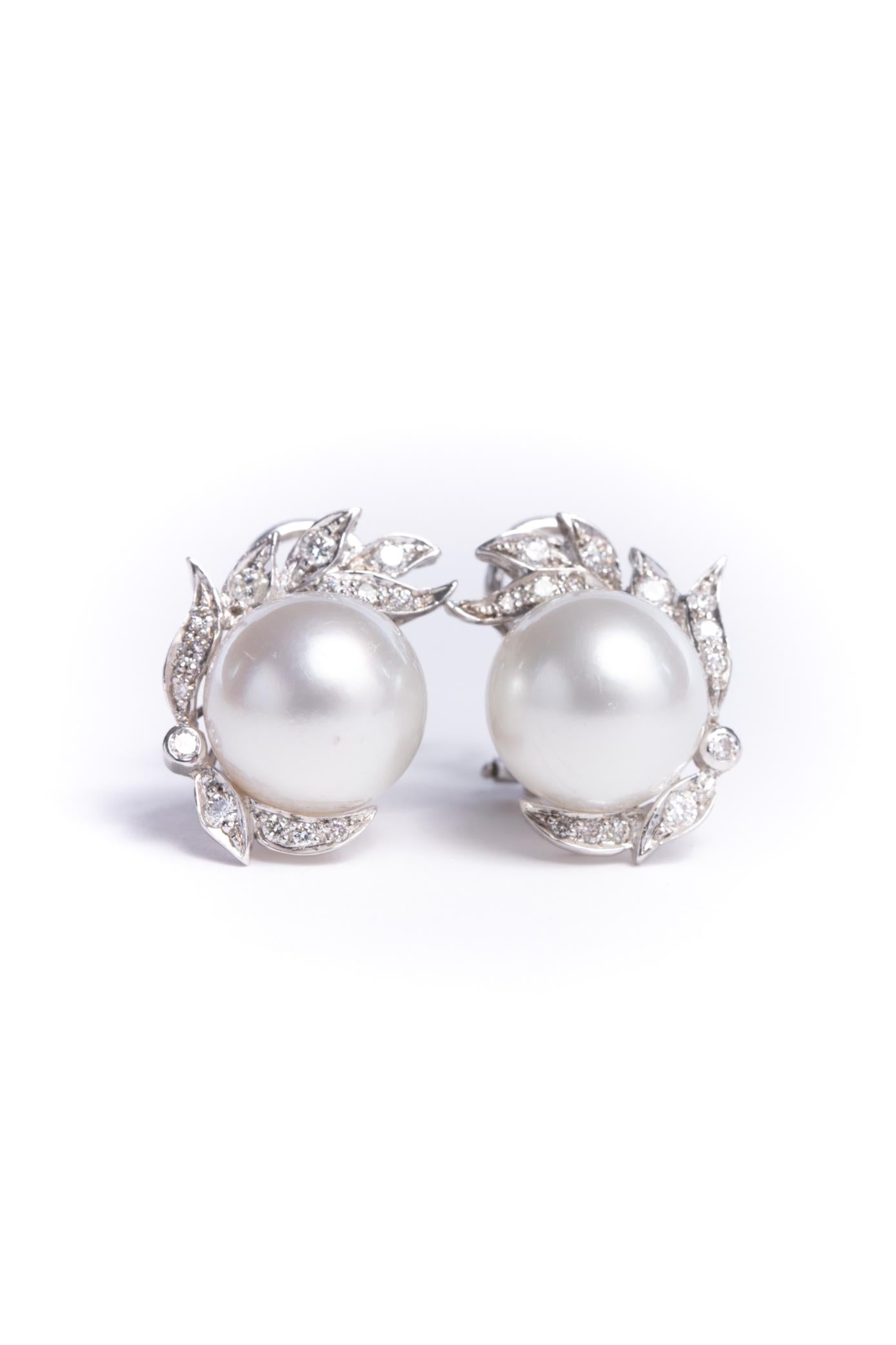 The perfect pearl earring. Set in 18kt white gold mountings accented with diamonds surrounding beautiful white pearls with omega backs. These are an absolute dream of an earring because of their versatility.
The pearls measure 12.5mm and the