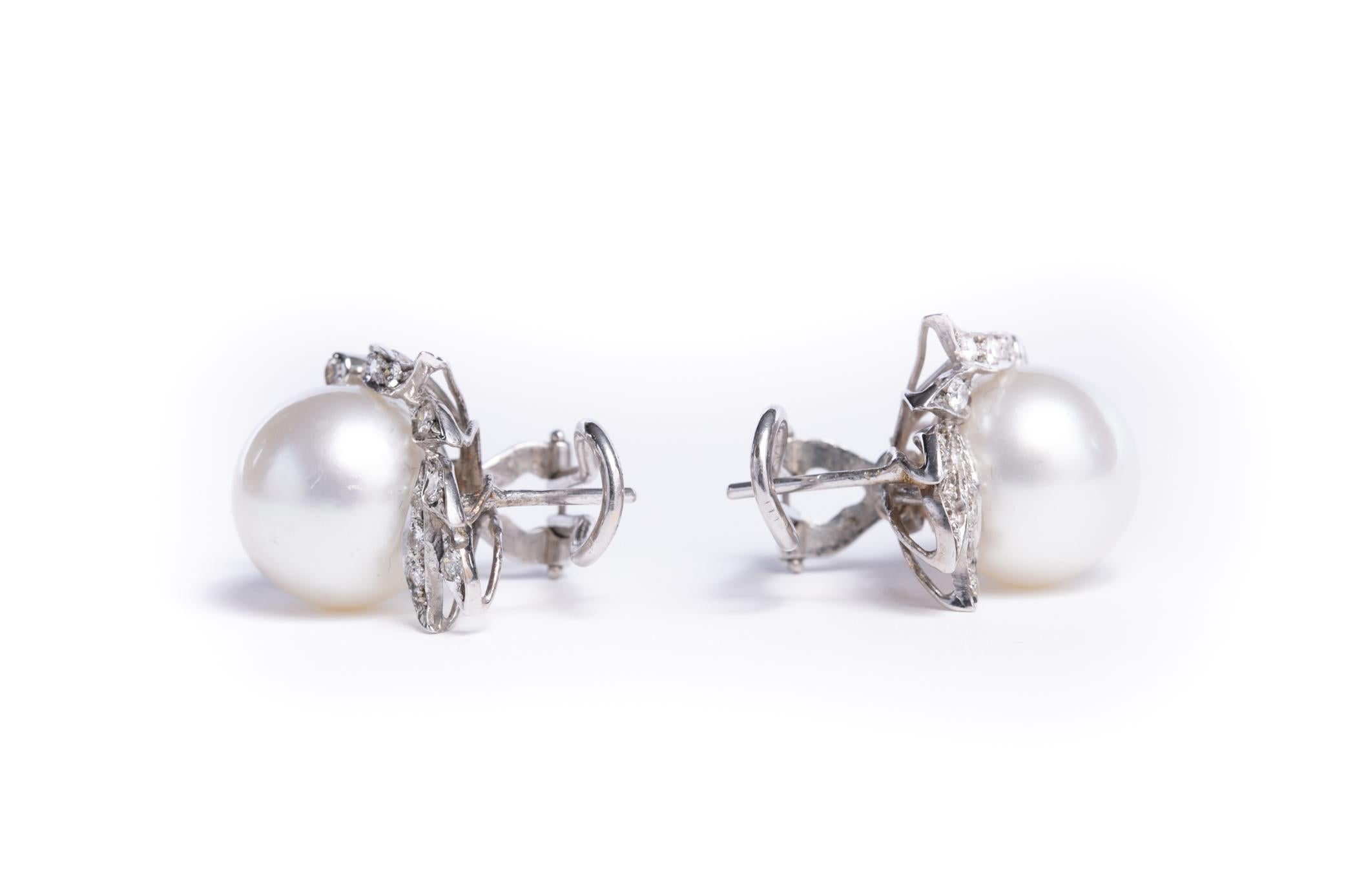 Modern Cultured Pearl and Diamond Earrings Set in 18 Karat White Gold and Diamonds