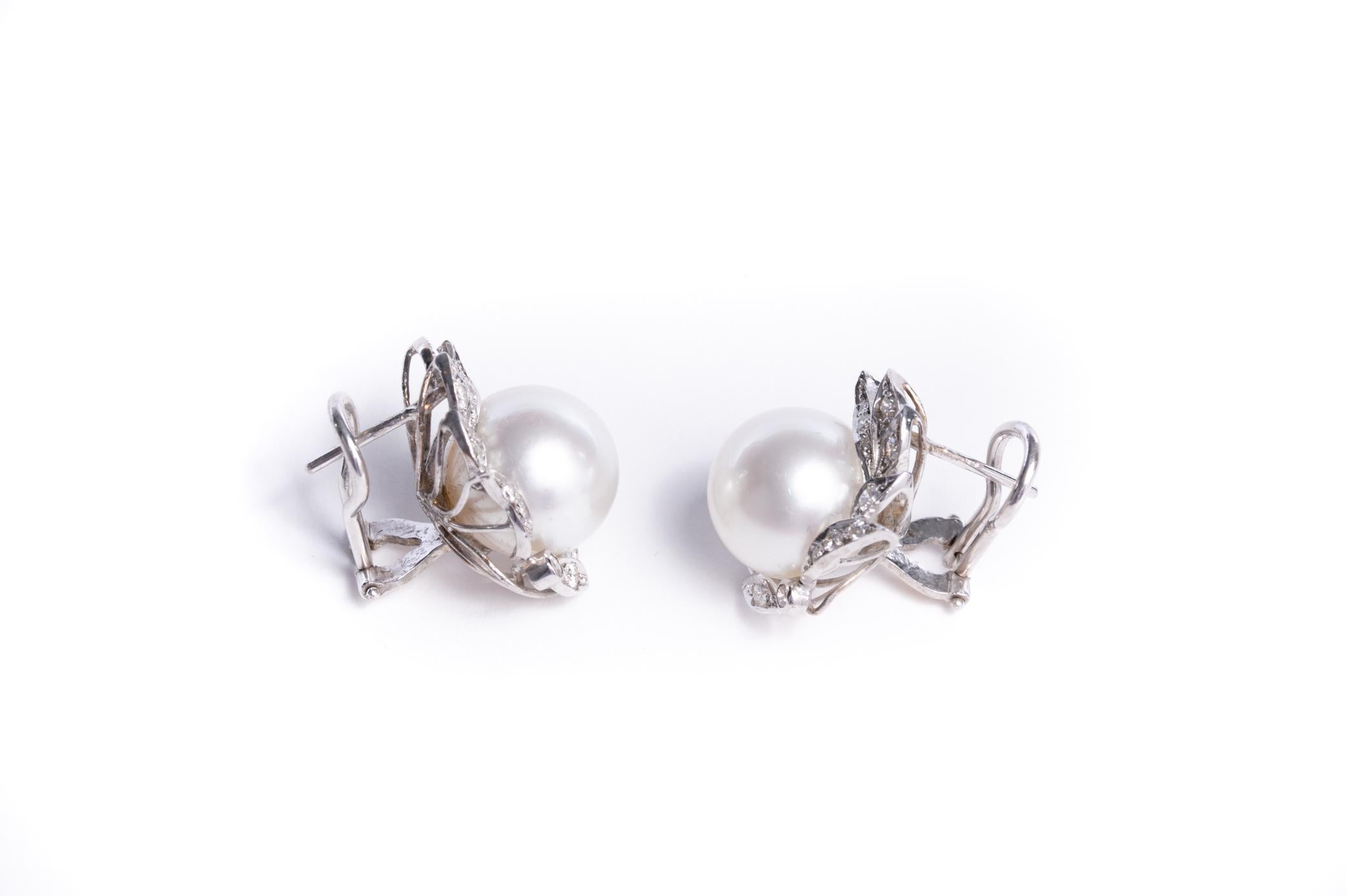 Women's Cultured Pearl and Diamond Earrings Set in 18 Karat White Gold and Diamonds