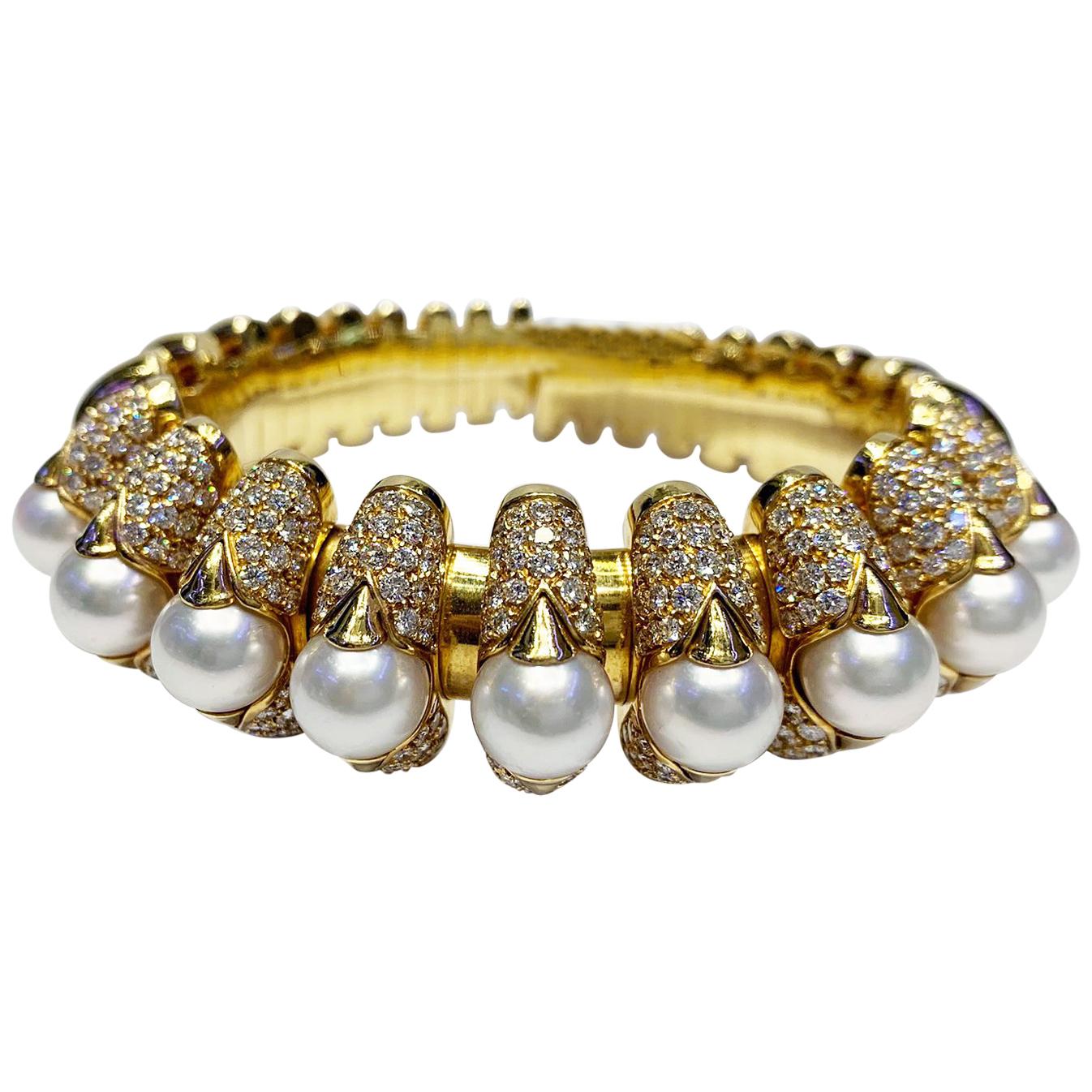 Cultured Pearl and Diamond Gold 'Celtaura' Cuff-Bracelet by Bulgari