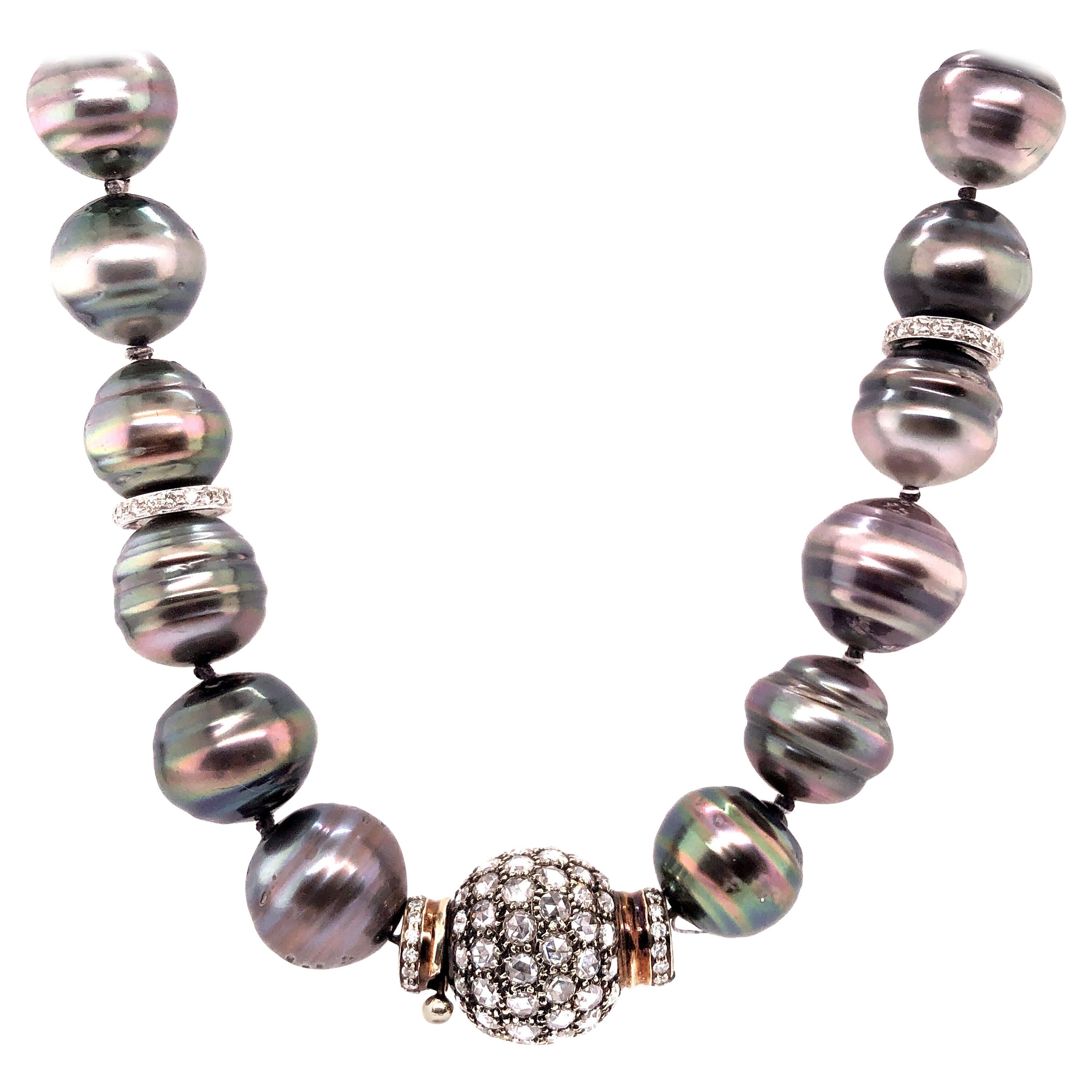 Black Baroque Pearl and Pave Diamond Long Chain Necklace. 100 14.9-12.1mm Pearls For Sale