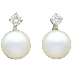 Vintage Cultured Pearl and Diamond White Gold Stud Earrings, circa 1970