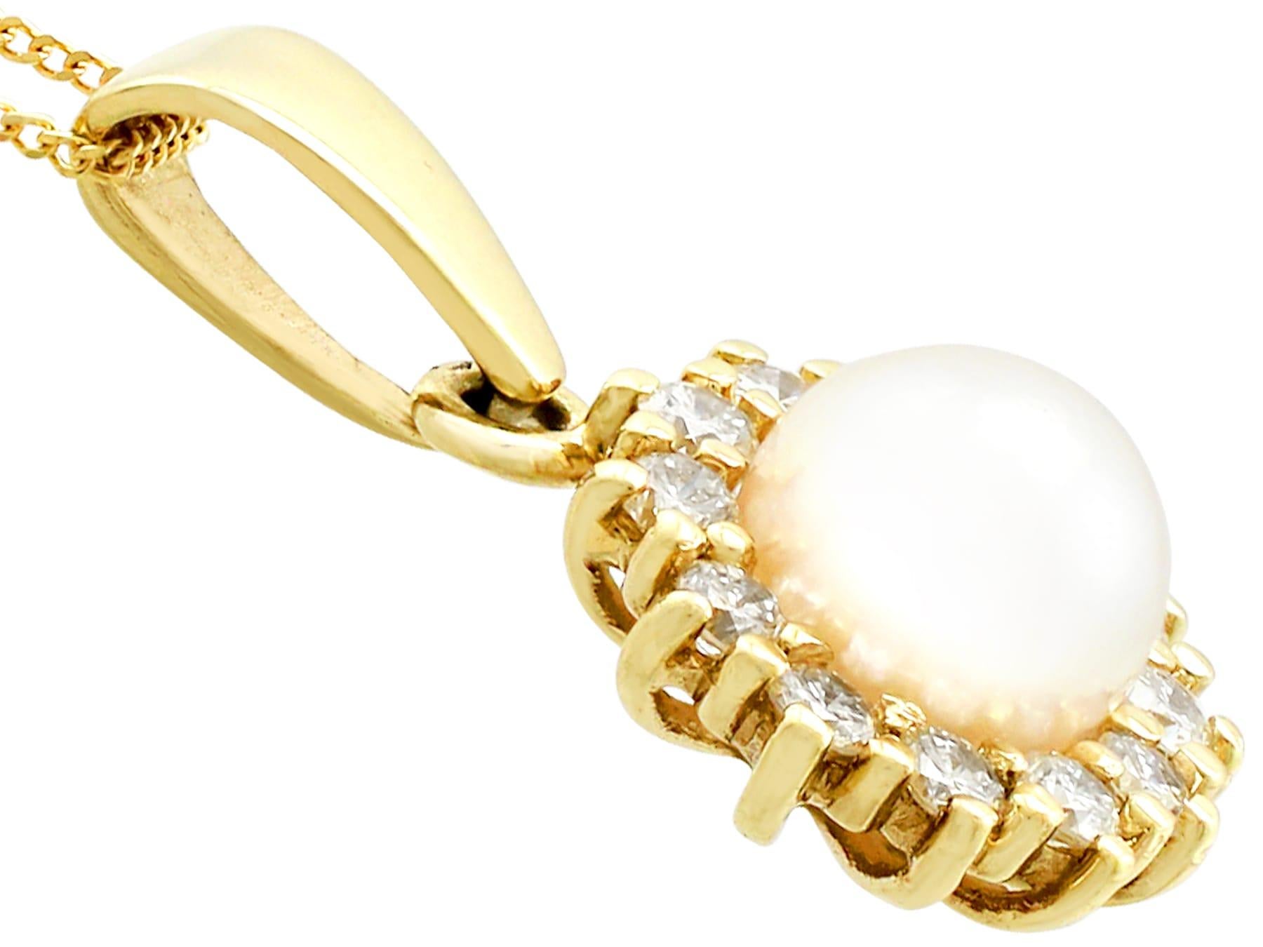 Retro Vintage Cultured Pearl and Diamond Yellow Gold Pendant For Sale