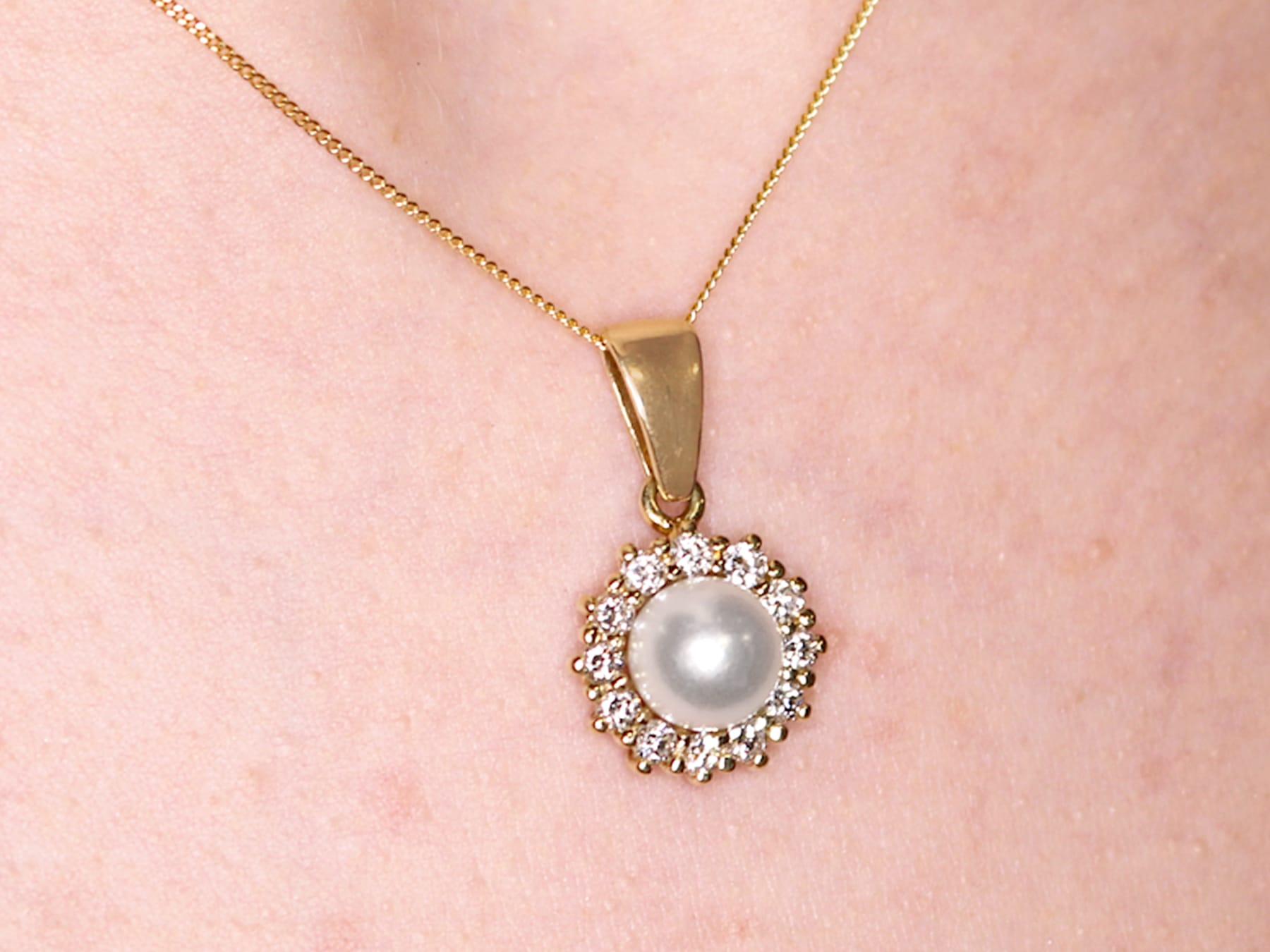 Vintage Cultured Pearl and Diamond Yellow Gold Pendant For Sale 2