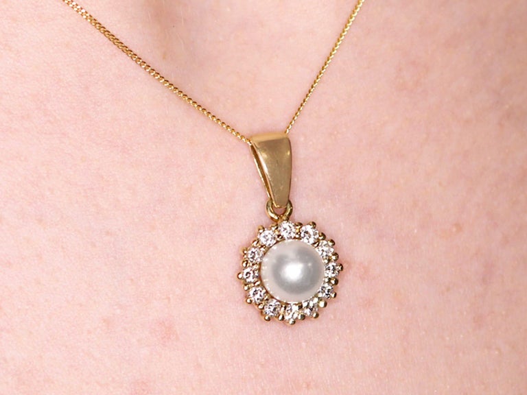 Cultured Pearl and Diamond Yellow Gold Pendant For Sale at 1stDibs