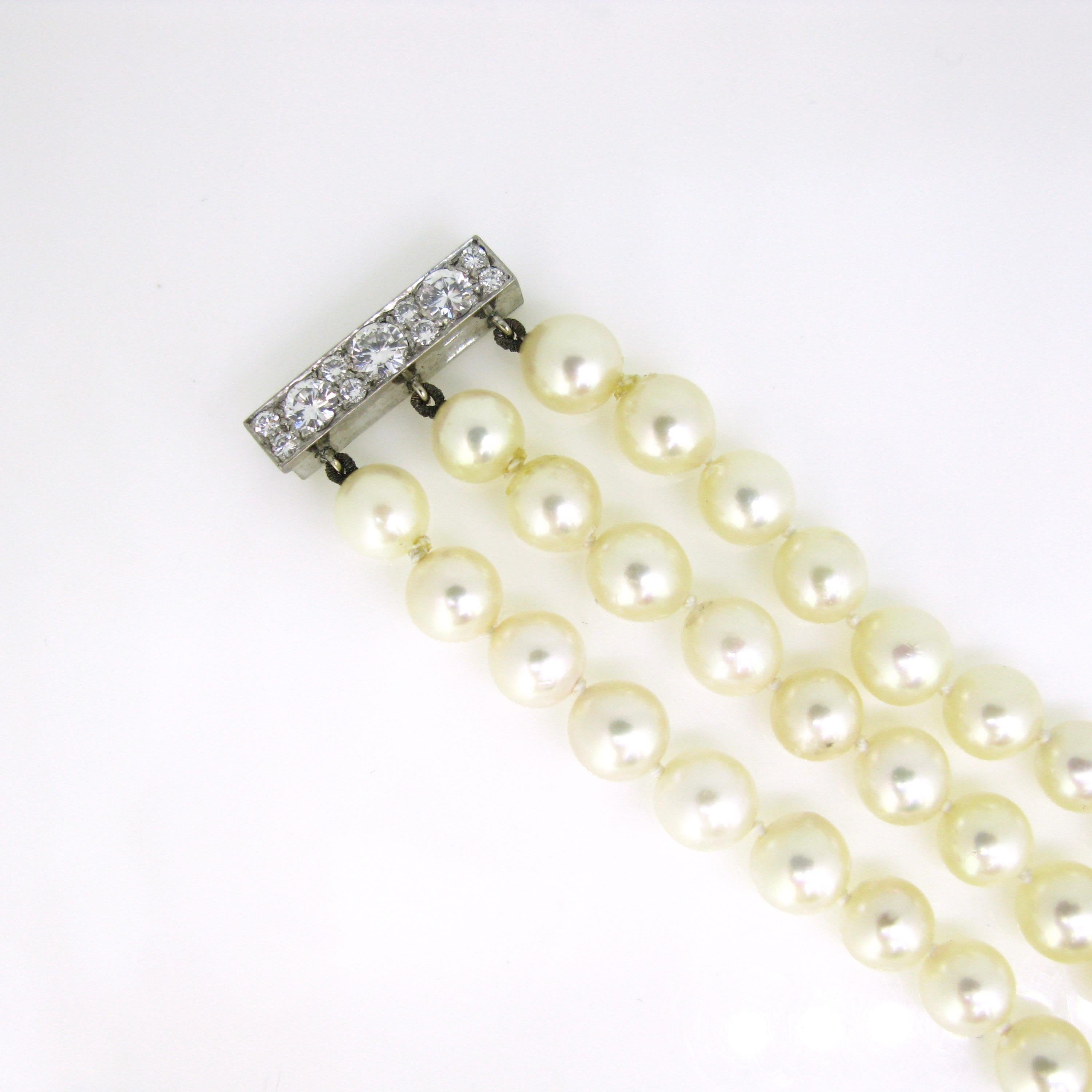 Women's or Men's Cultured Pearl and Diamonds 3 Rows Bracelet