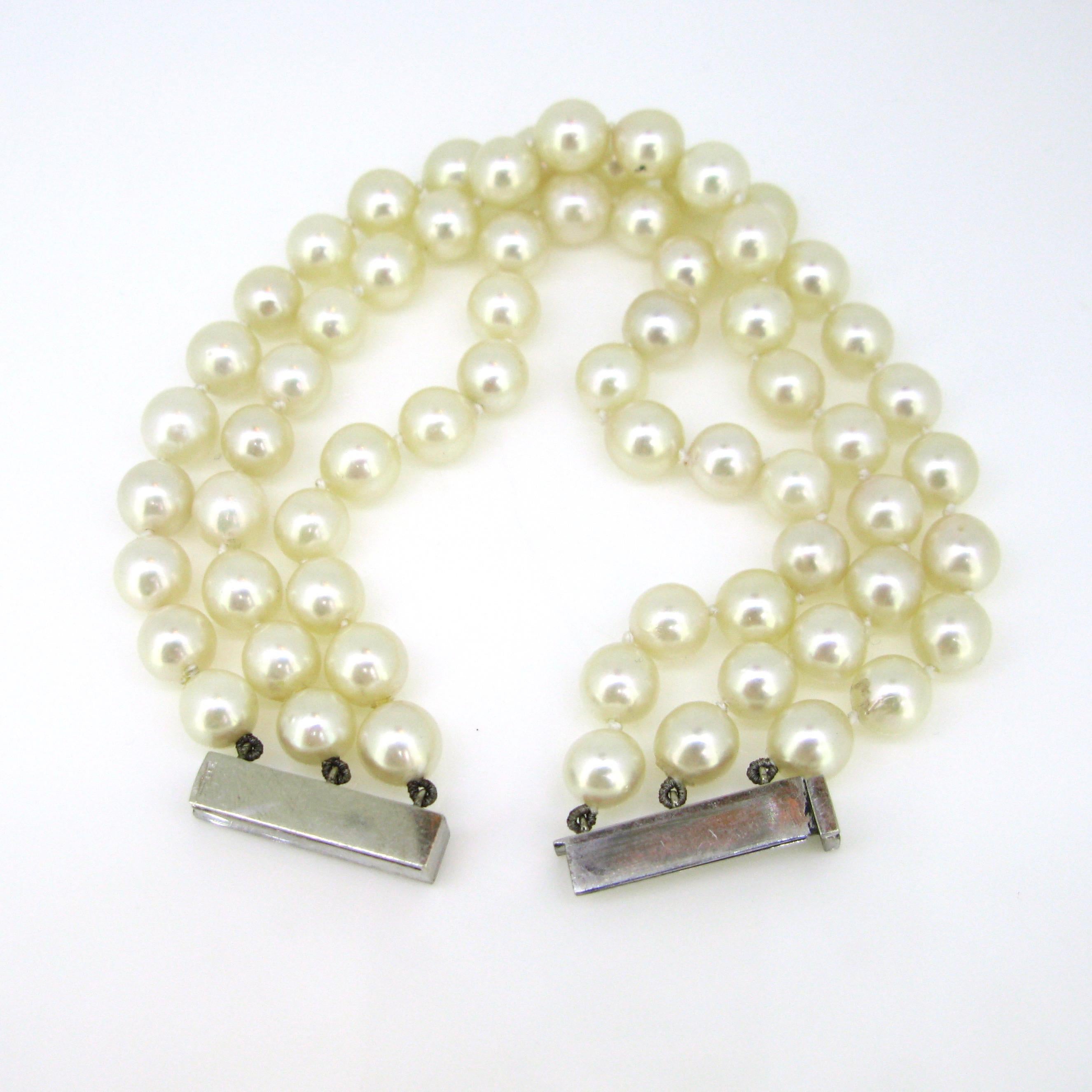 Cultured Pearl and Diamonds 3 Rows Bracelet 3