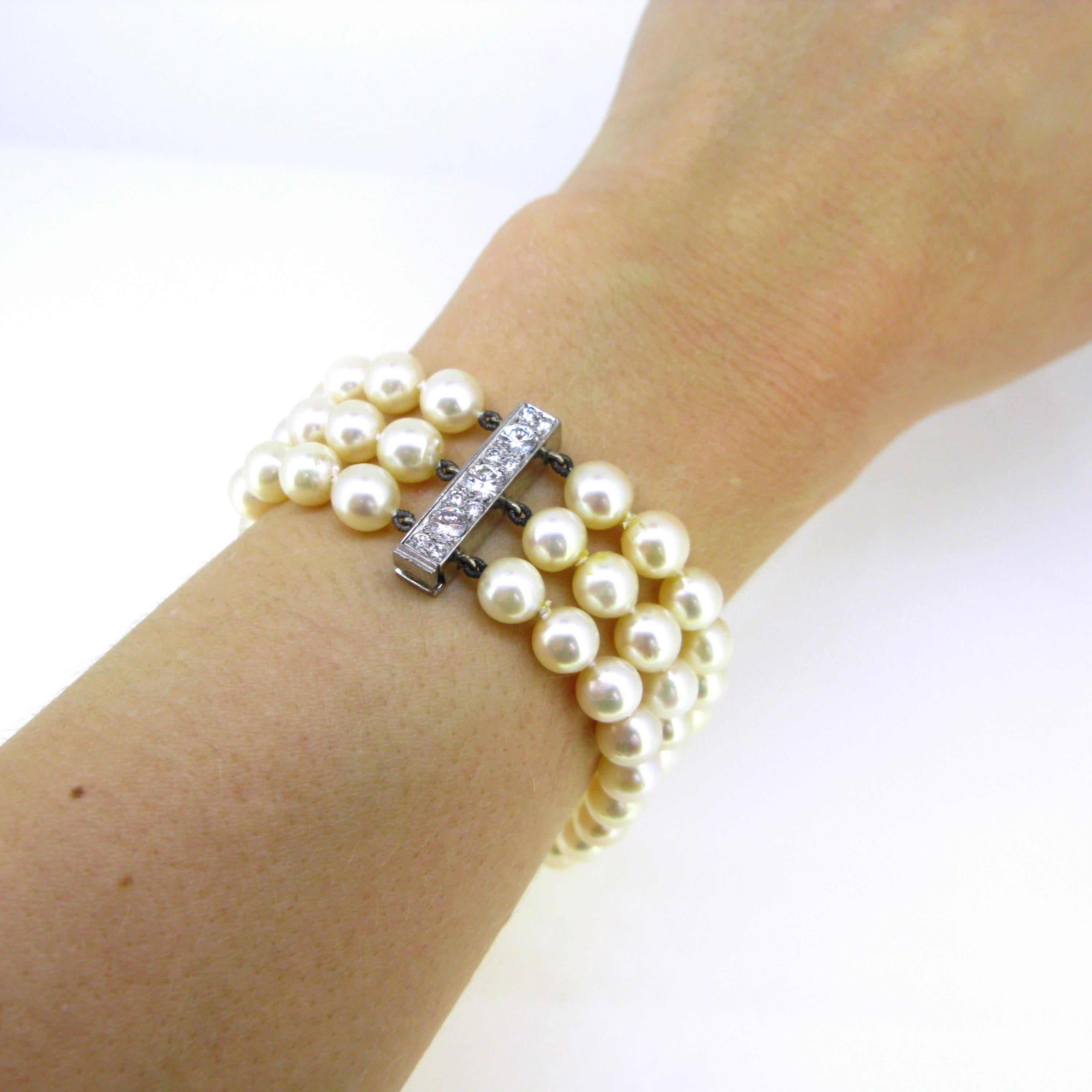 Cultured Pearl and Diamonds 3 Rows Bracelet 4