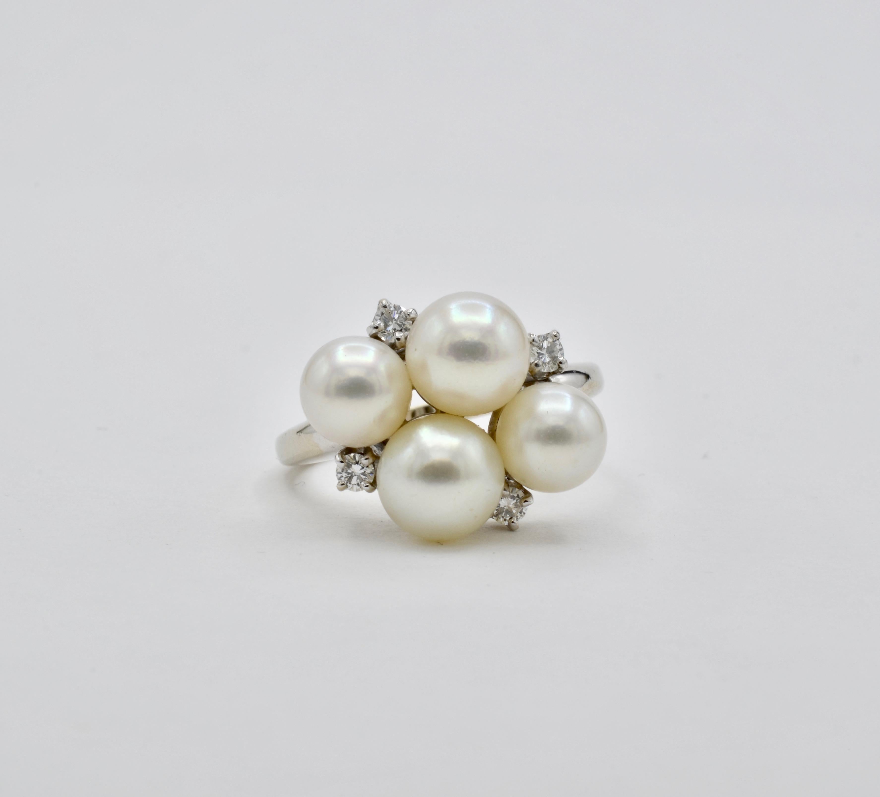 Modernist Cultured Pearls Diamonds 14 Karat Gold Ring For Sale