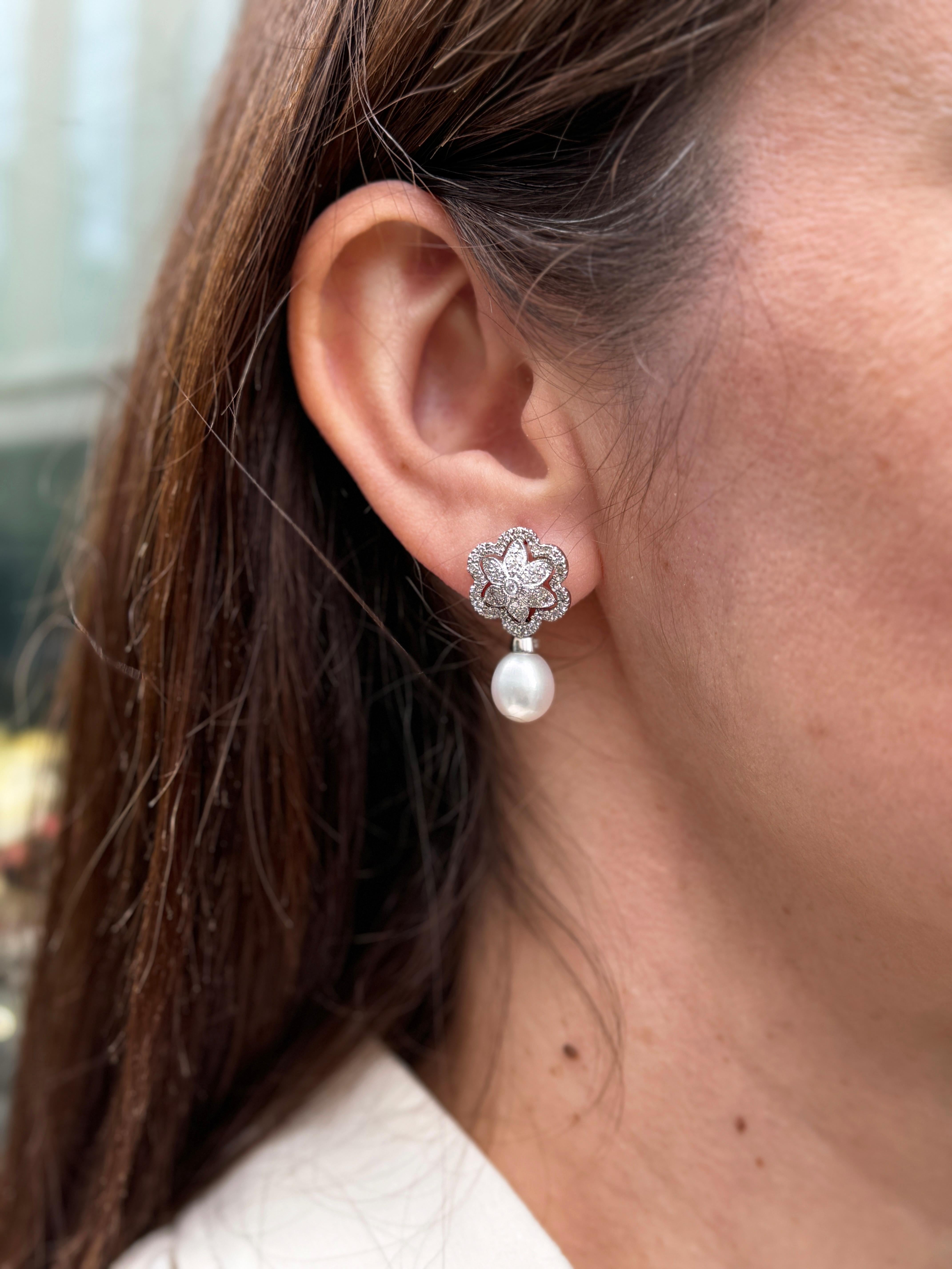 Modern Cultured Pearl and Floral Diamond Cluster 18 Carat White Gold Drop Earrings For Sale