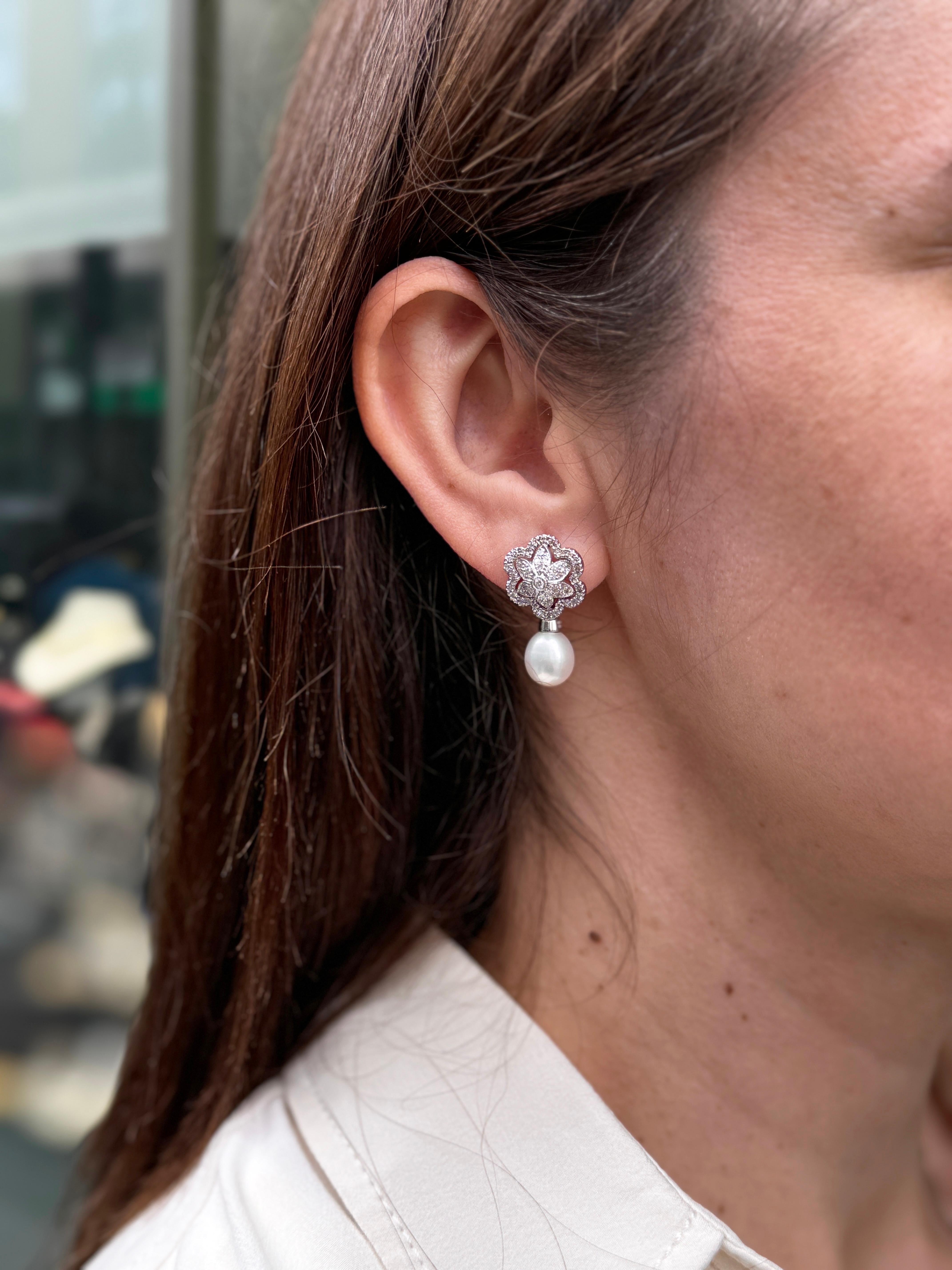 Brilliant Cut Cultured Pearl and Floral Diamond Cluster 18 Carat White Gold Drop Earrings For Sale