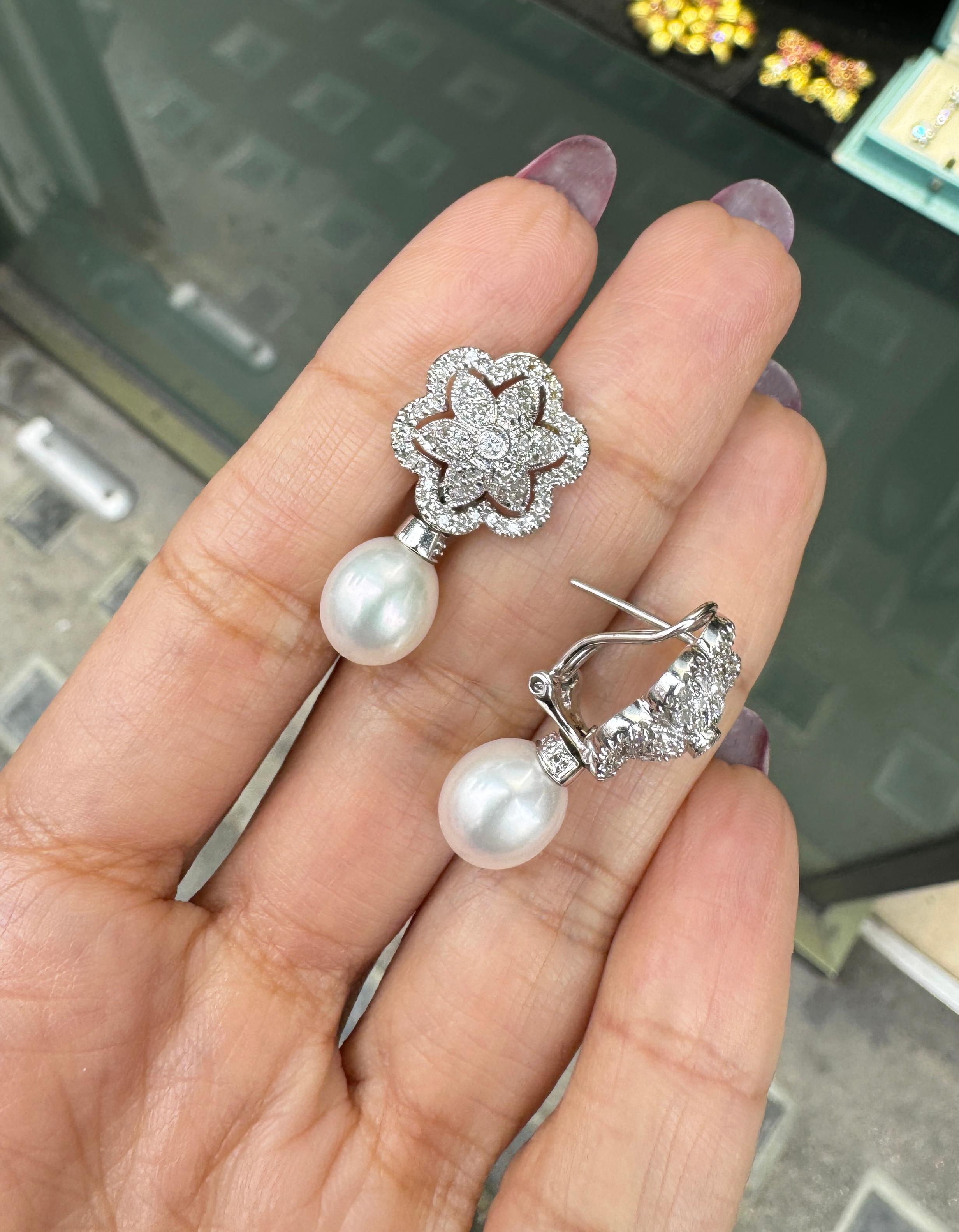 Cultured Pearl and Floral Diamond Cluster 18 Carat White Gold Drop Earrings In Excellent Condition For Sale In London, GB