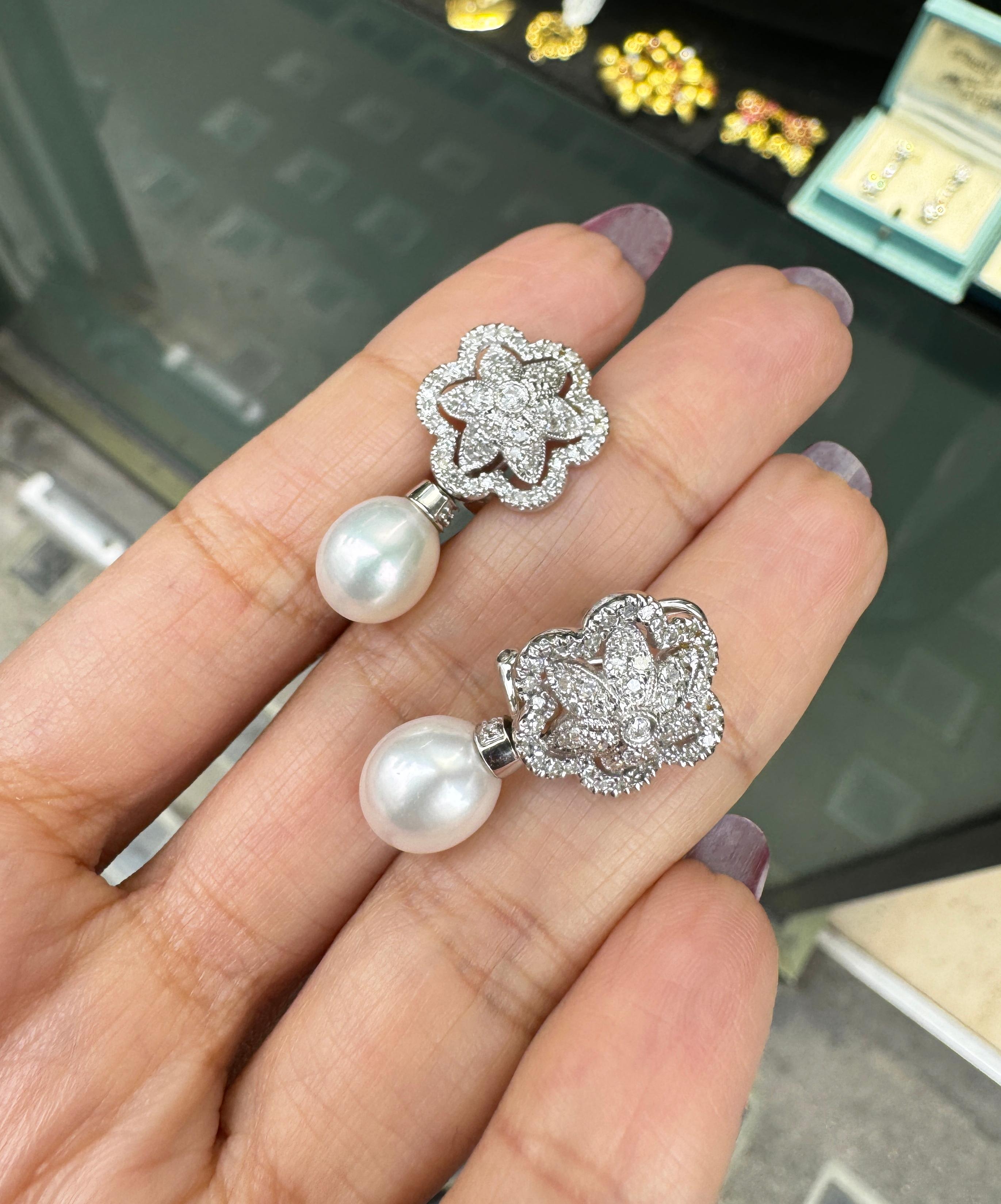 Women's Cultured Pearl and Floral Diamond Cluster 18 Carat White Gold Drop Earrings For Sale