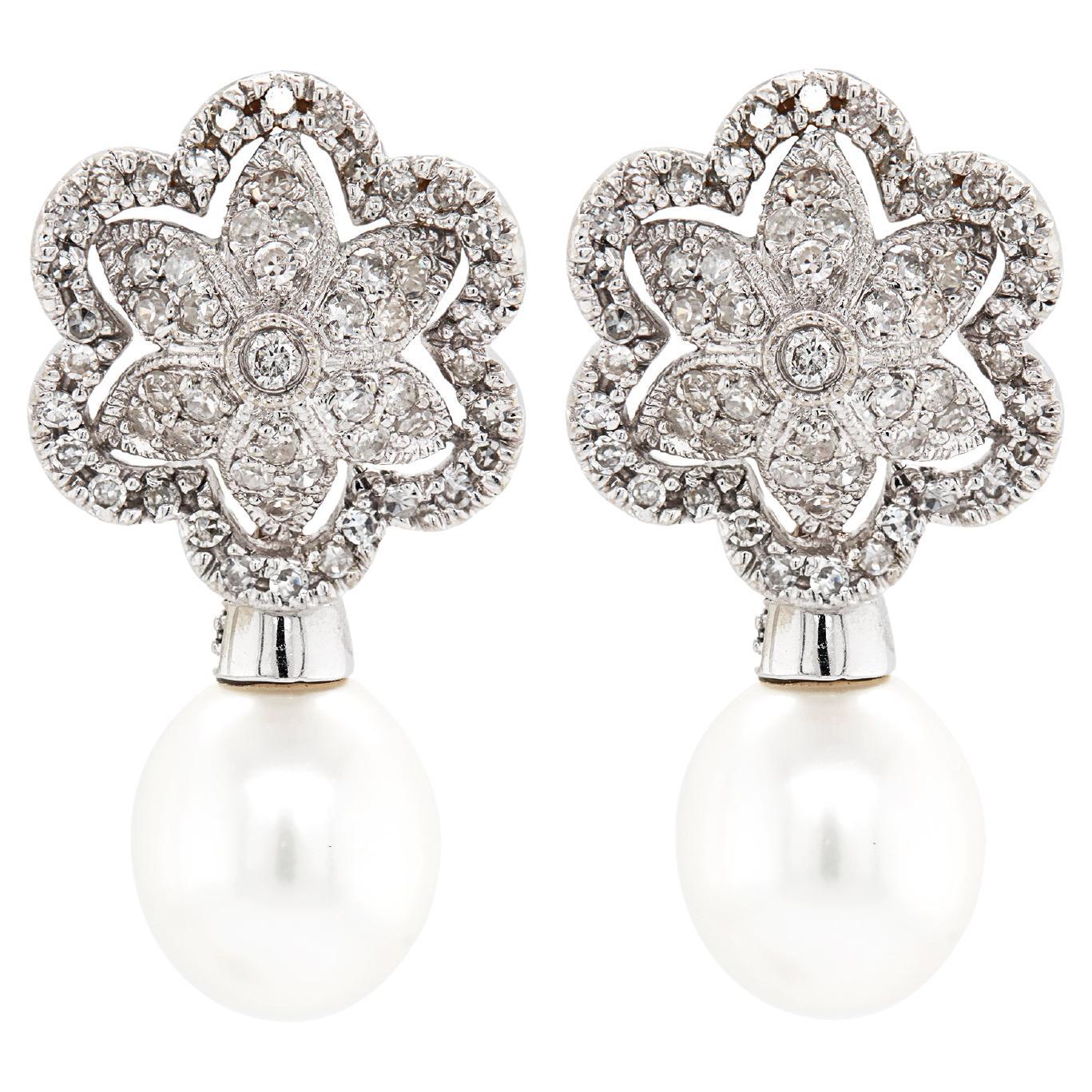 Cultured Pearl and Floral Diamond Cluster 18 Carat White Gold Drop Earrings For Sale