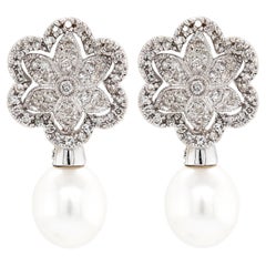 Cultured Pearl and Floral Diamond Cluster 18 Carat White Gold Drop Earrings