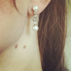 Platinum Old Cut Diamond and Cultured Pearl Earrings