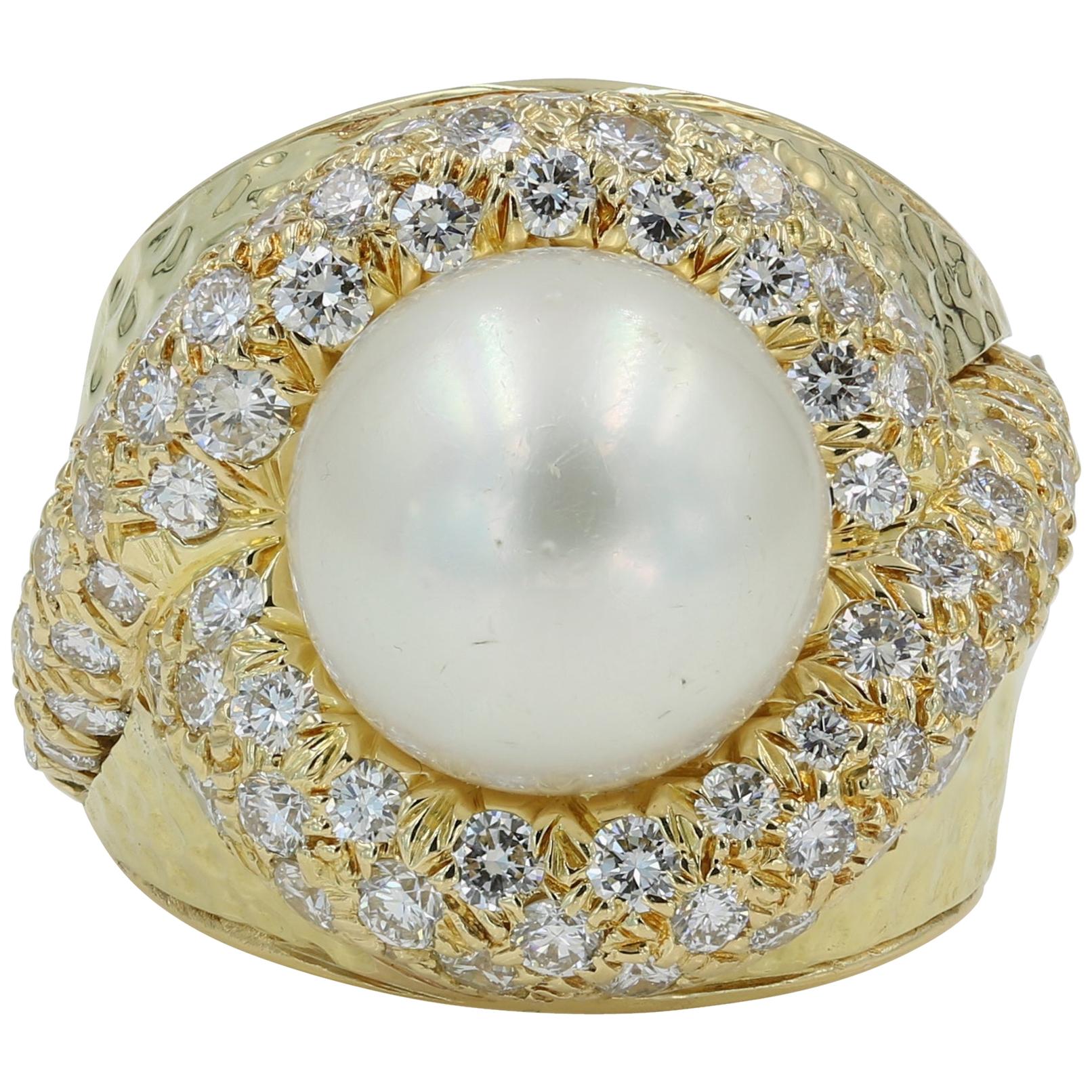 Cultured Pearl and Pave Diamond Ring in 18 Karat YG For Sale