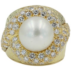 Cultured Pearl and Pave Diamond Ring in 18 Karat YG