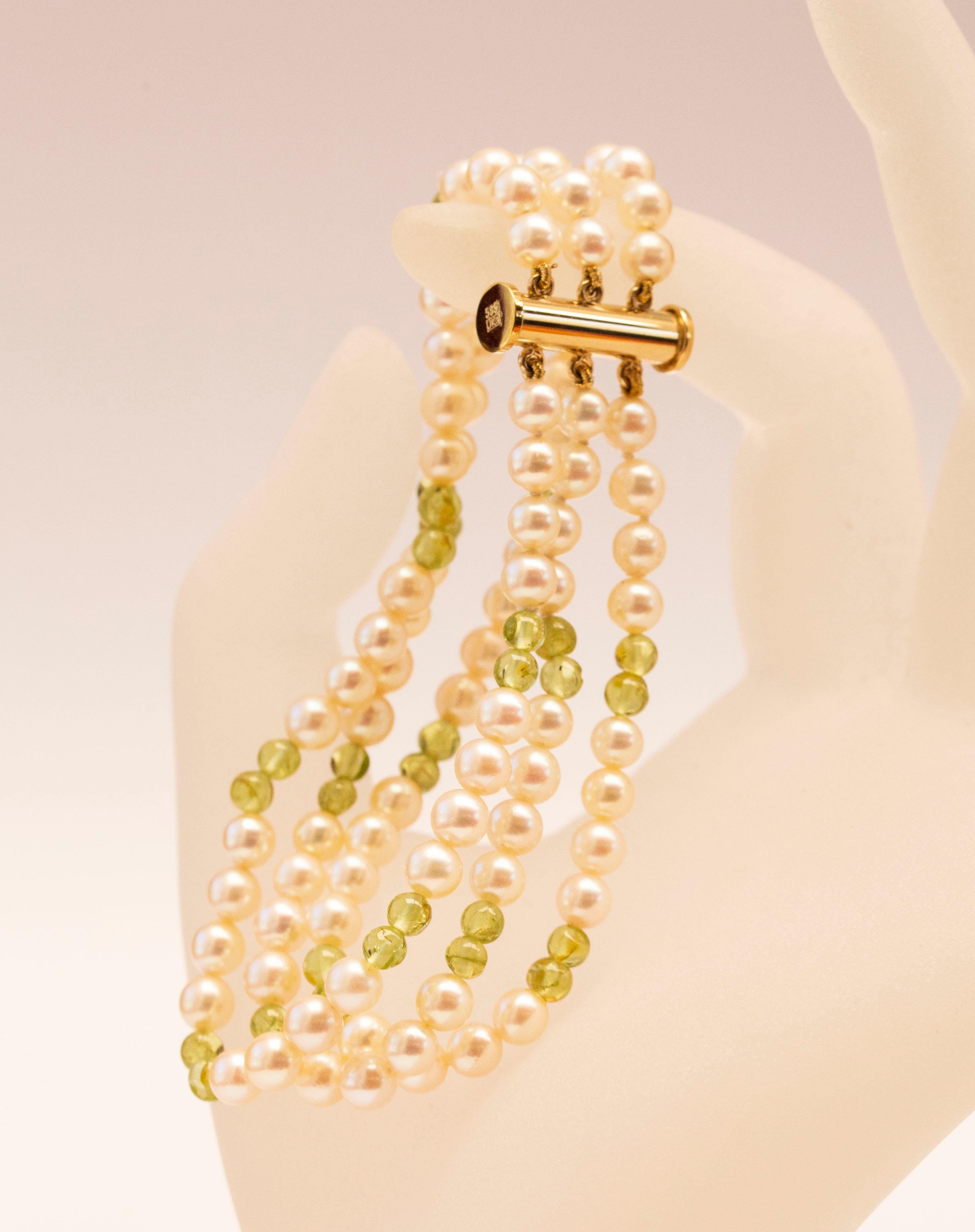 Cultured Pearl and Peridot Triple Strand Bracelet with 14 Karat Gold Closure For Sale 2