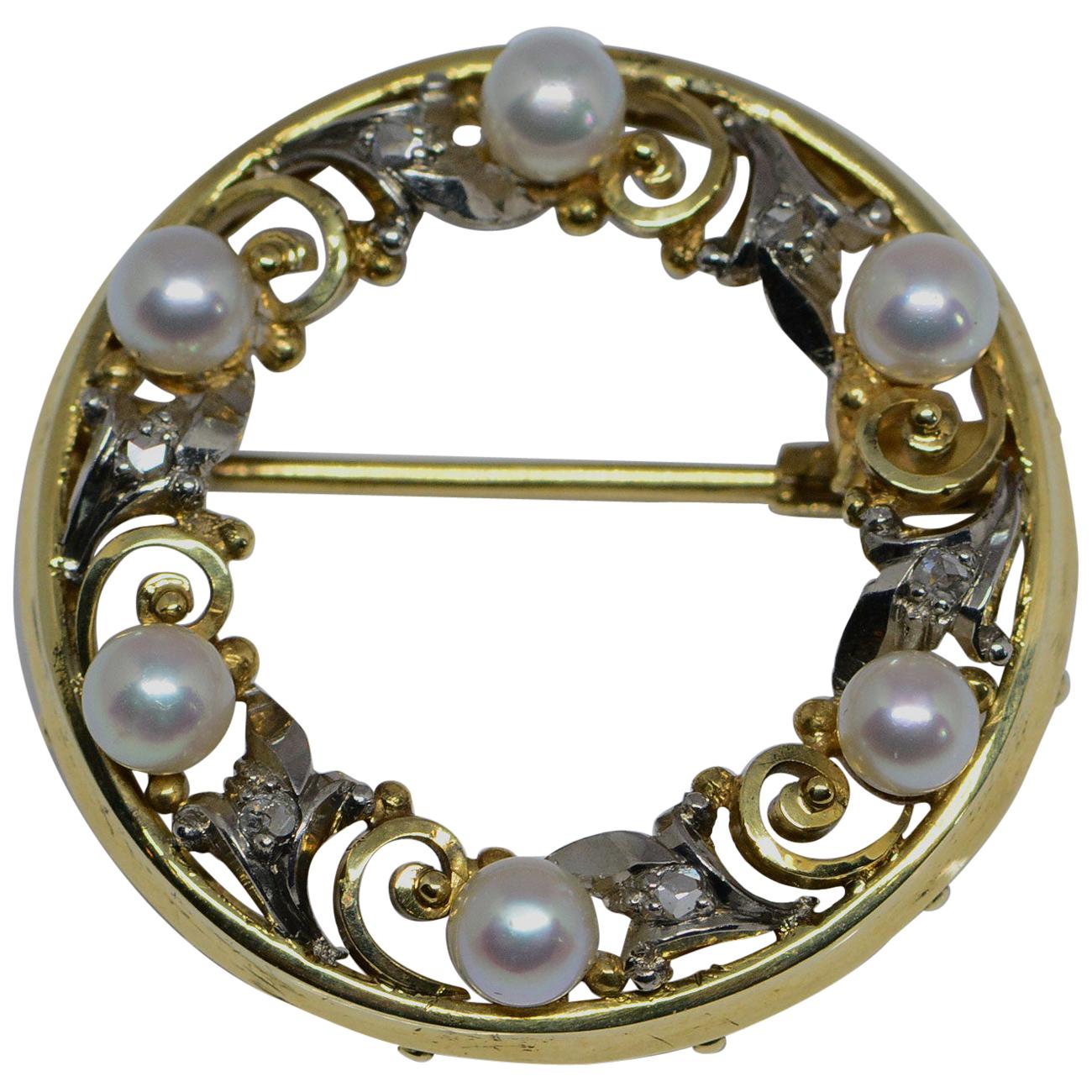 Birks Cultured Pearl and Rose Cut Diamond Wreath Brooch 14 Karat Gold  For Sale