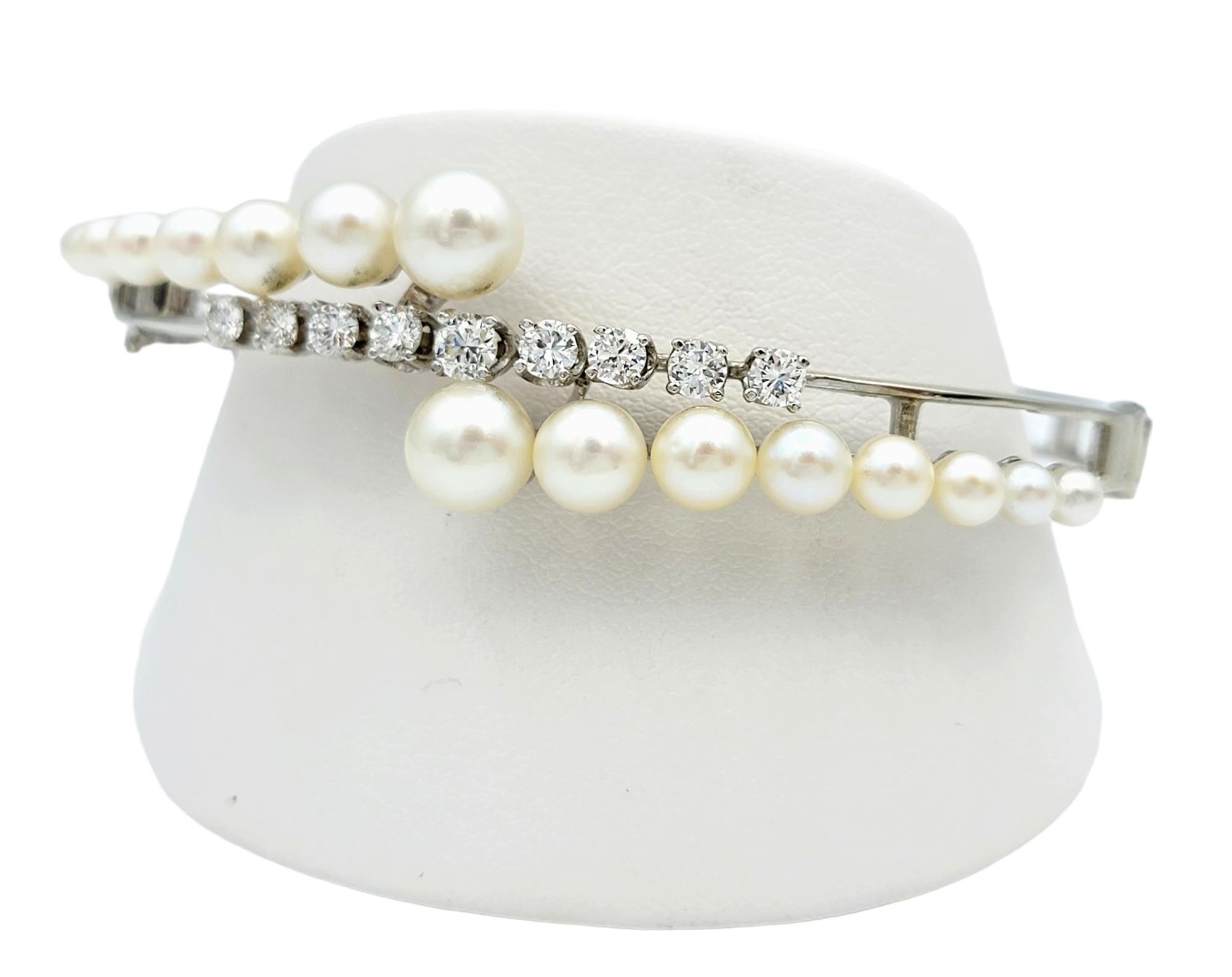 Cultured Pearl and Round Diamond Bypass Style Bracelet in 14 Karat White Gold For Sale 5