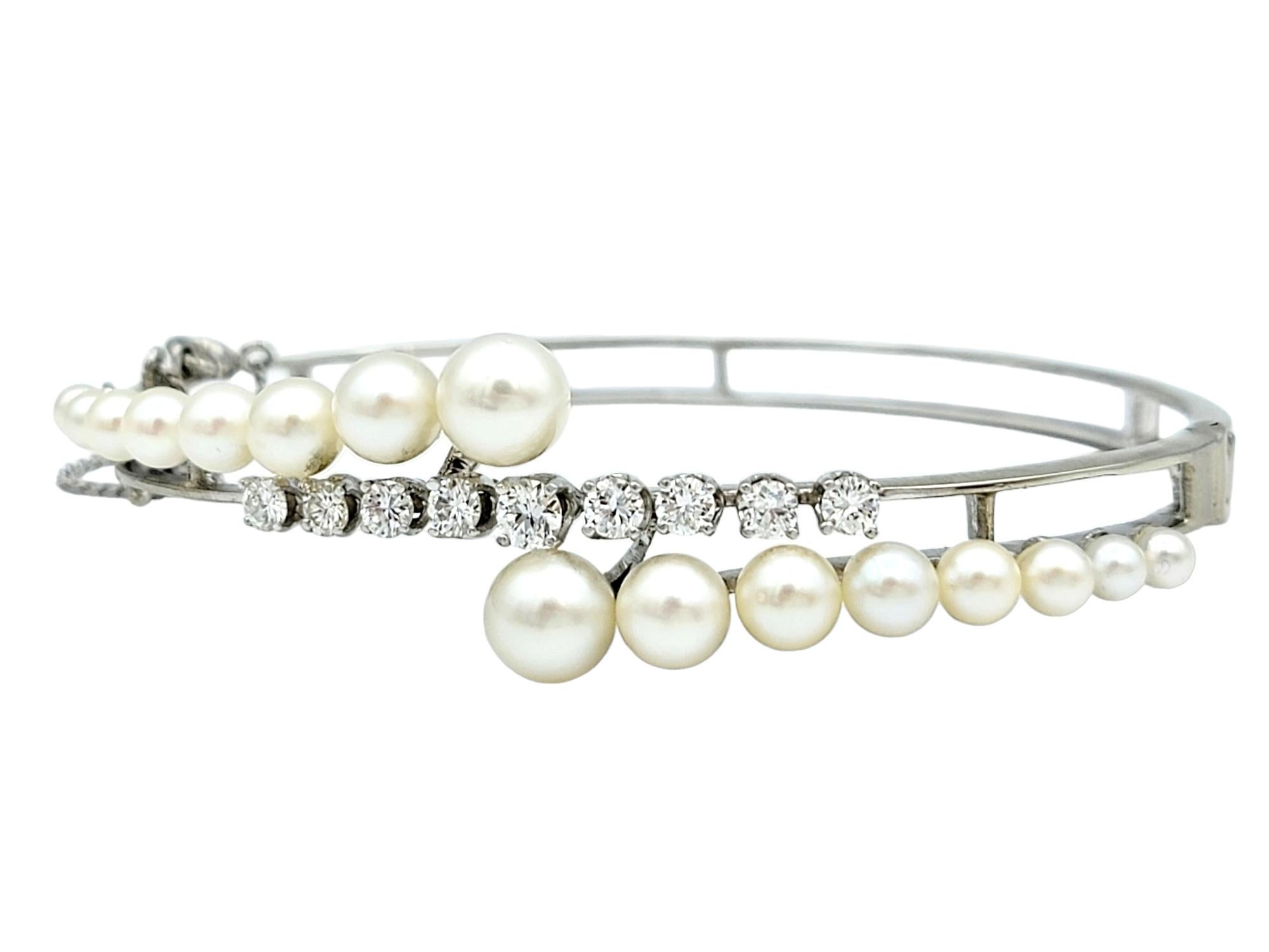 Contemporary Cultured Pearl and Round Diamond Bypass Style Bracelet in 14 Karat White Gold For Sale