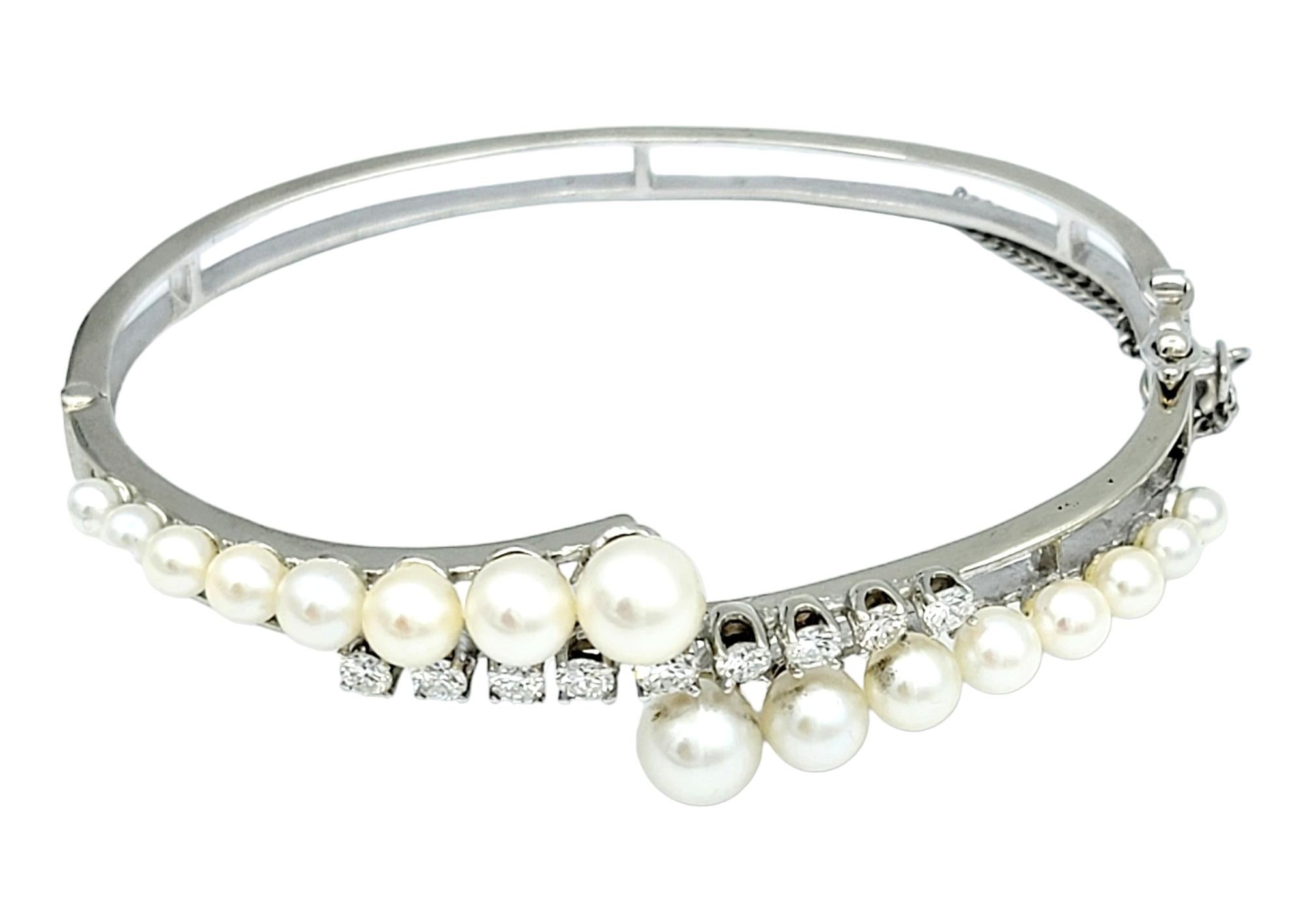 Round Cut Cultured Pearl and Round Diamond Bypass Style Bracelet in 14 Karat White Gold For Sale