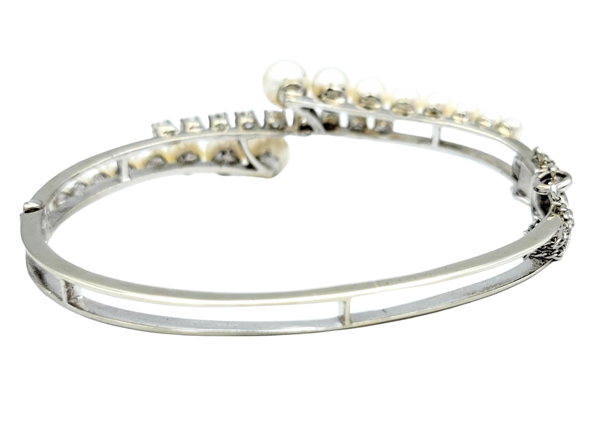 Cultured Pearl and Round Diamond Bypass Style Bracelet in 14 Karat White Gold In Good Condition For Sale In Scottsdale, AZ