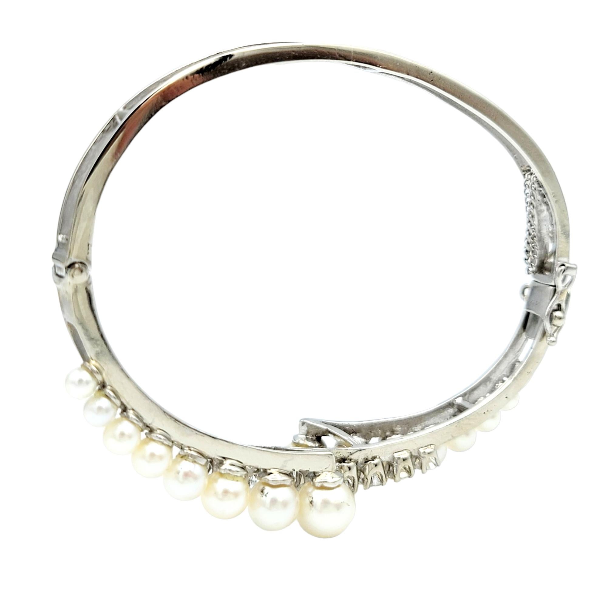 Women's Cultured Pearl and Round Diamond Bypass Style Bracelet in 14 Karat White Gold For Sale