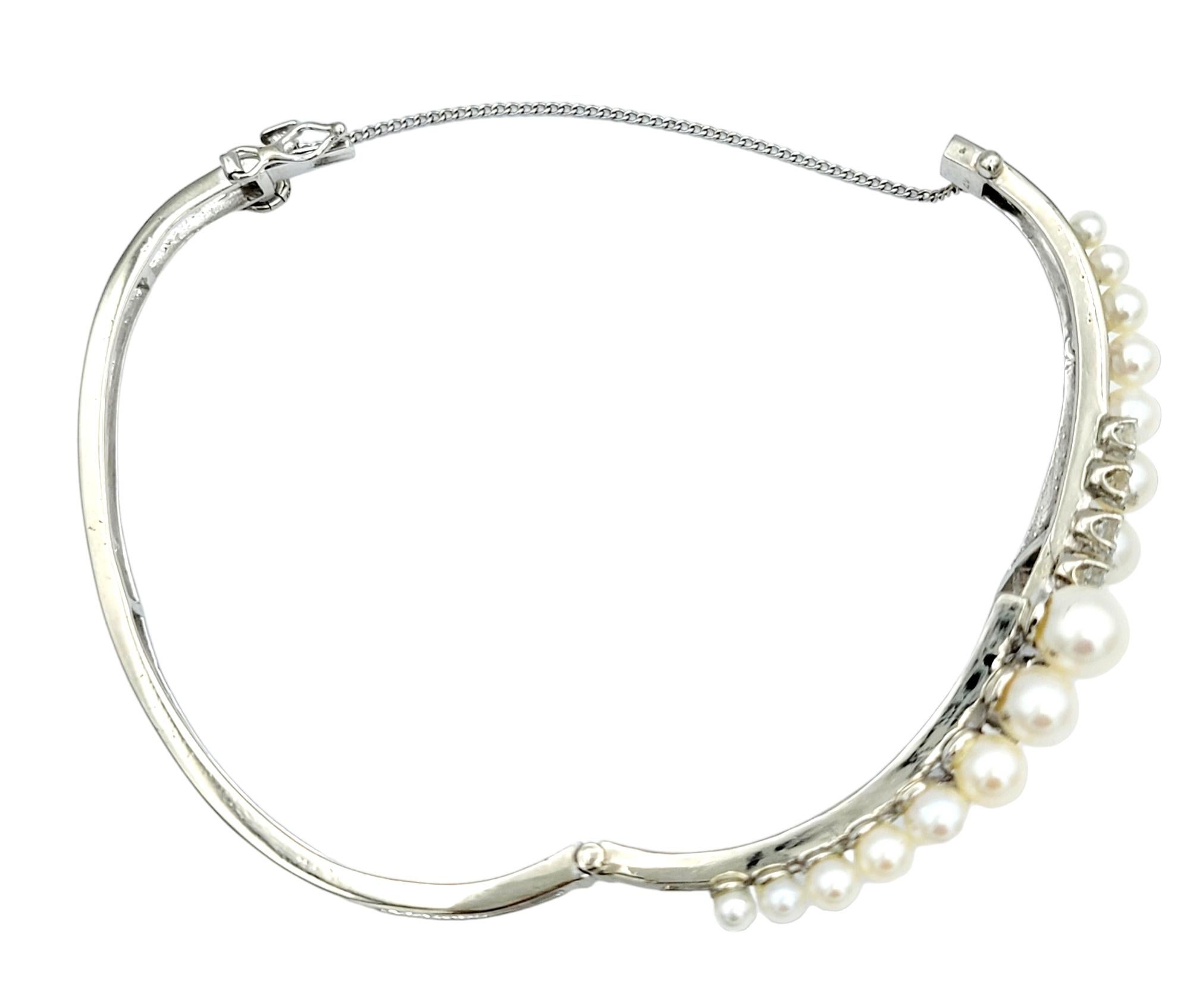 Cultured Pearl and Round Diamond Bypass Style Bracelet in 14 Karat White Gold For Sale 1