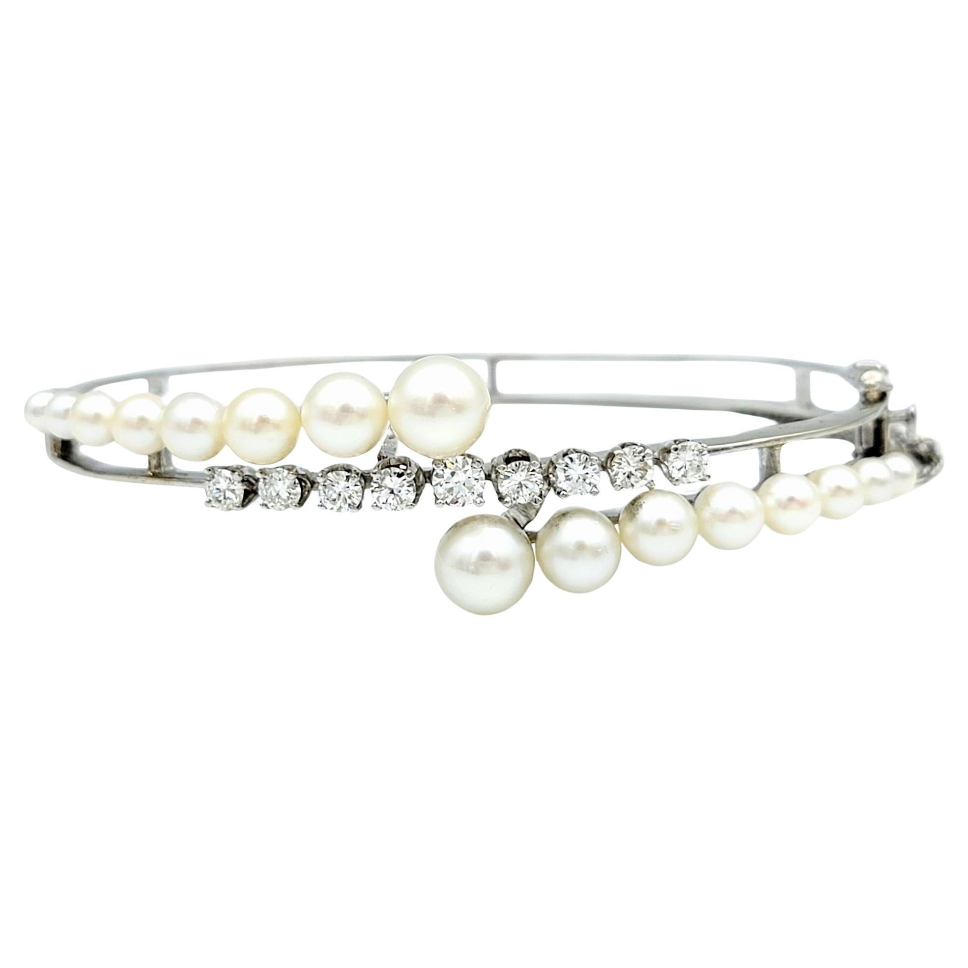 Cultured Pearl and Round Diamond Bypass Style Bracelet in 14 Karat White Gold For Sale
