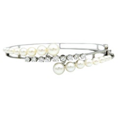 Cultured Pearl and Round Diamond Bypass Style Bracelet in 14 Karat White Gold
