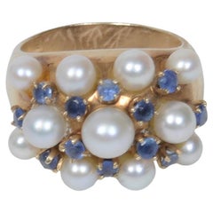 Cultured Pearl and Sapphire Dome Shaped Flower Cluster 14KT Yellow Gold Ring