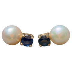 Cultured Pearl and Sapphire Earrings in 14 Karat Gold